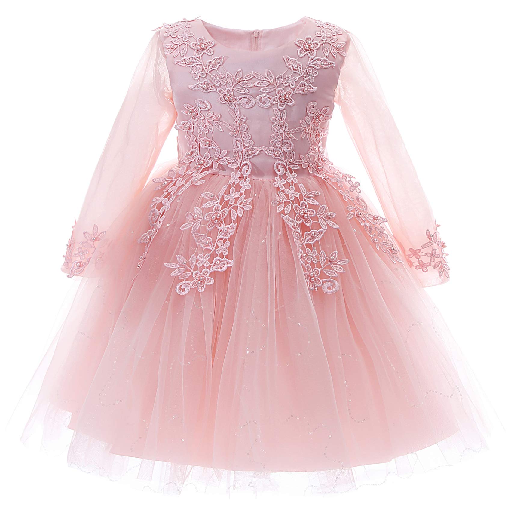 Girls' Embroidered Lace Princess Wedding & Baptism Dress - Long Sleeve Formal Party Gown for Toddler Baby Girl | Perfect for Christening, First Communion, Flower Girl & Special Occasions
