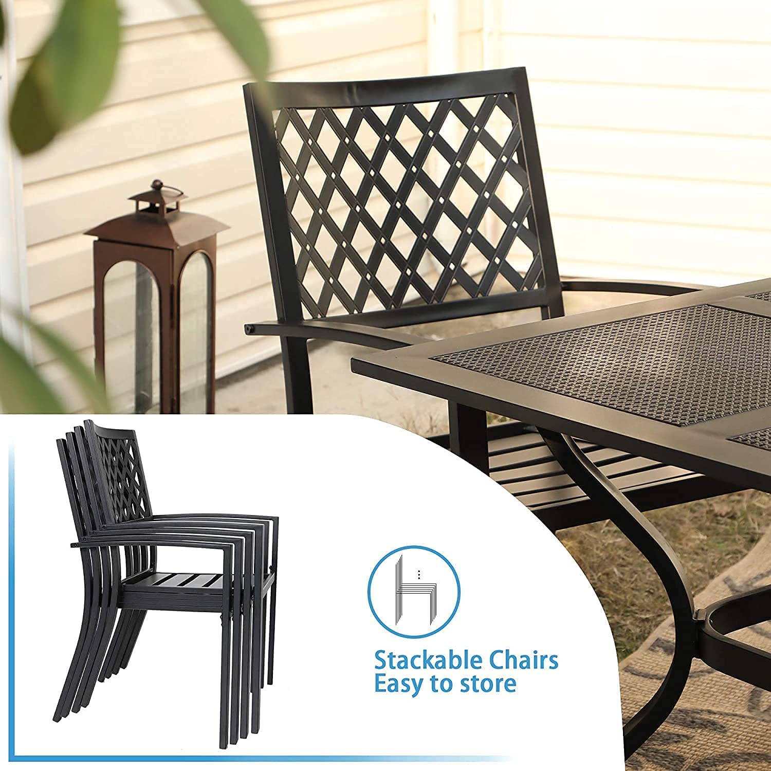 PHI VILLA 6-Piece Outdoor Dining Set with 4 Stackable Metal Chairs, 1 Square Table & 10ft 3-Tier Umbrella (Navy Blue) - Patio Furniture for Backyard, Deck, Garden, Poolside & Outdoor Entertaining