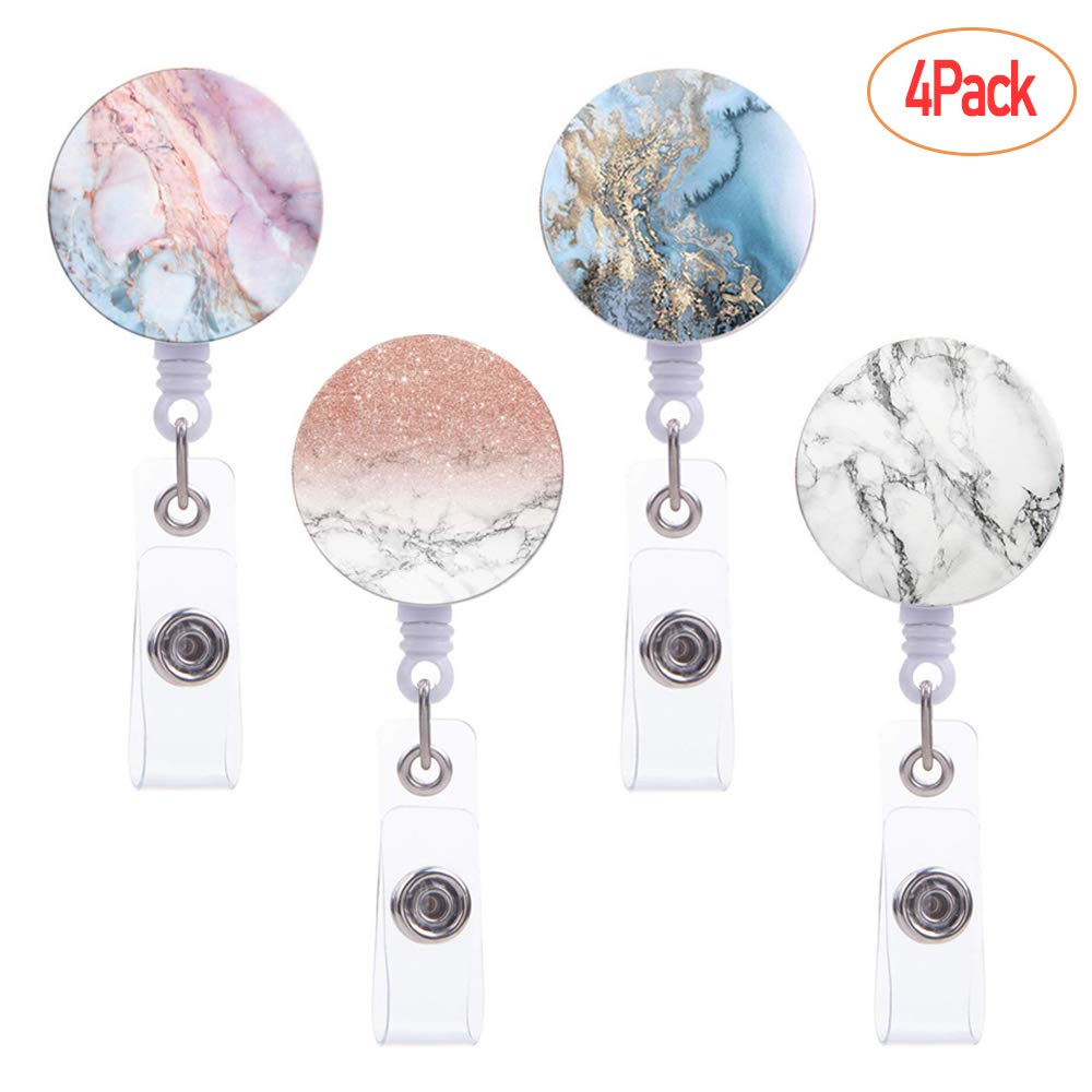 Retractable Badge Reel with Alligator Clip - 4 Pack Marble Design for ID Cards, Keys & Work Accessories | Perfect for Nurses, Teachers & Office Professionals