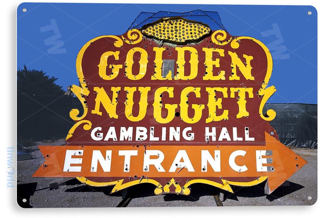 Vintage Golden Nugget Las Vegas Retro Metal Tin Sign - Classic Neon Bar & Casino Wall Decor for Man Cave, Garage, Pub, or Game Room