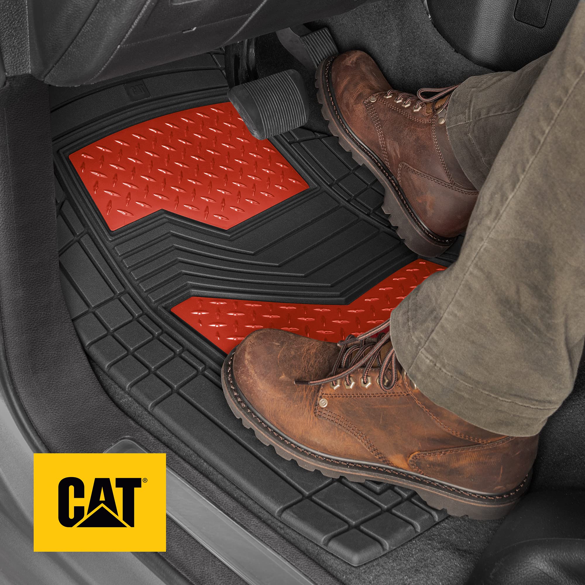 CAT DiamondShield All-Weather Rubber Floor Mats for Cars, Trucks & SUVs - Heavy Duty Front & Rear Set with Anti-Slip Backing & Heel Pad - Universal Fit Trim-to-Fit Design (Red) - Perfect for Road Trips, Off-Road Adventures & Daily Commutes