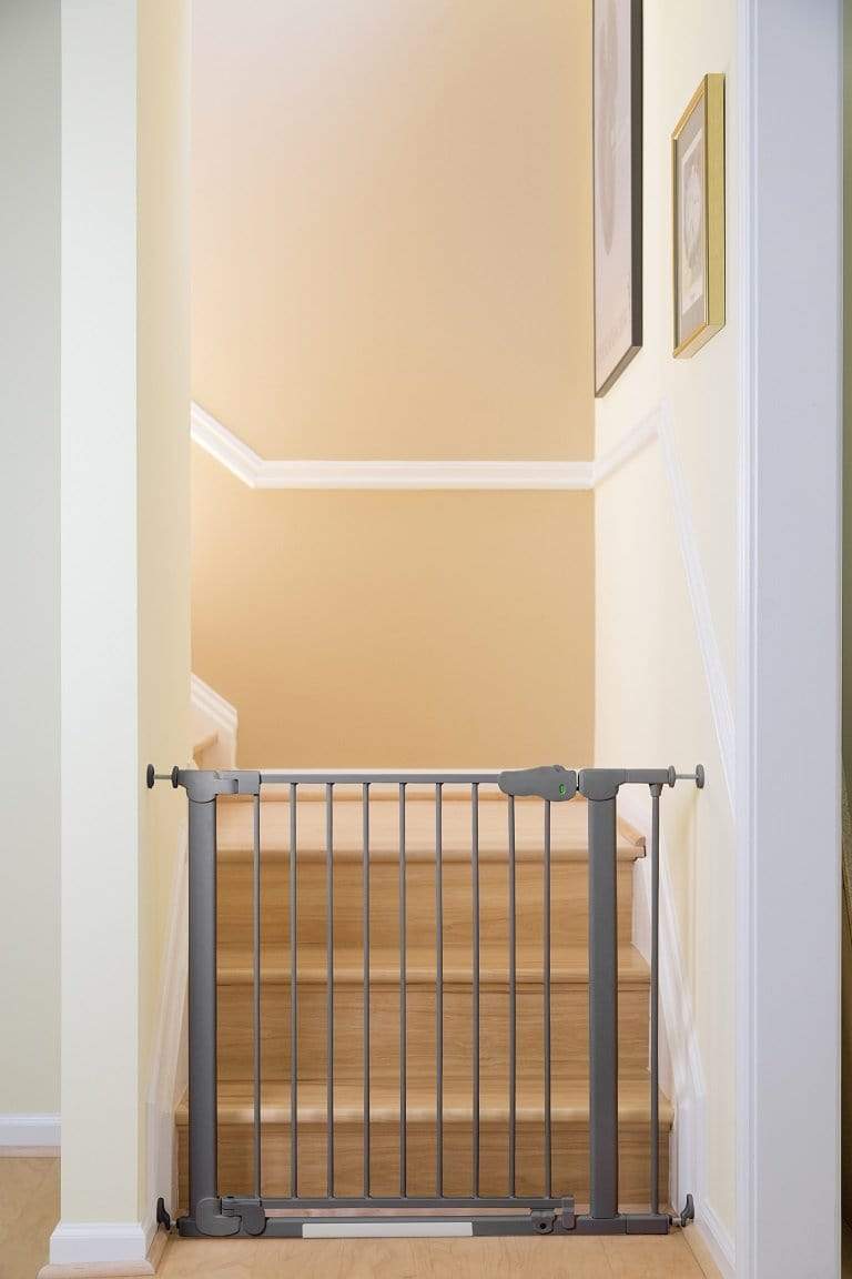 Qdos Auto Close Safety Gate with Extensions - Slate Gray Baby & Pet Proof Barrier for Stairs, Doorways & Hallways - Perfect for Childproofing Homes & Play Areas
