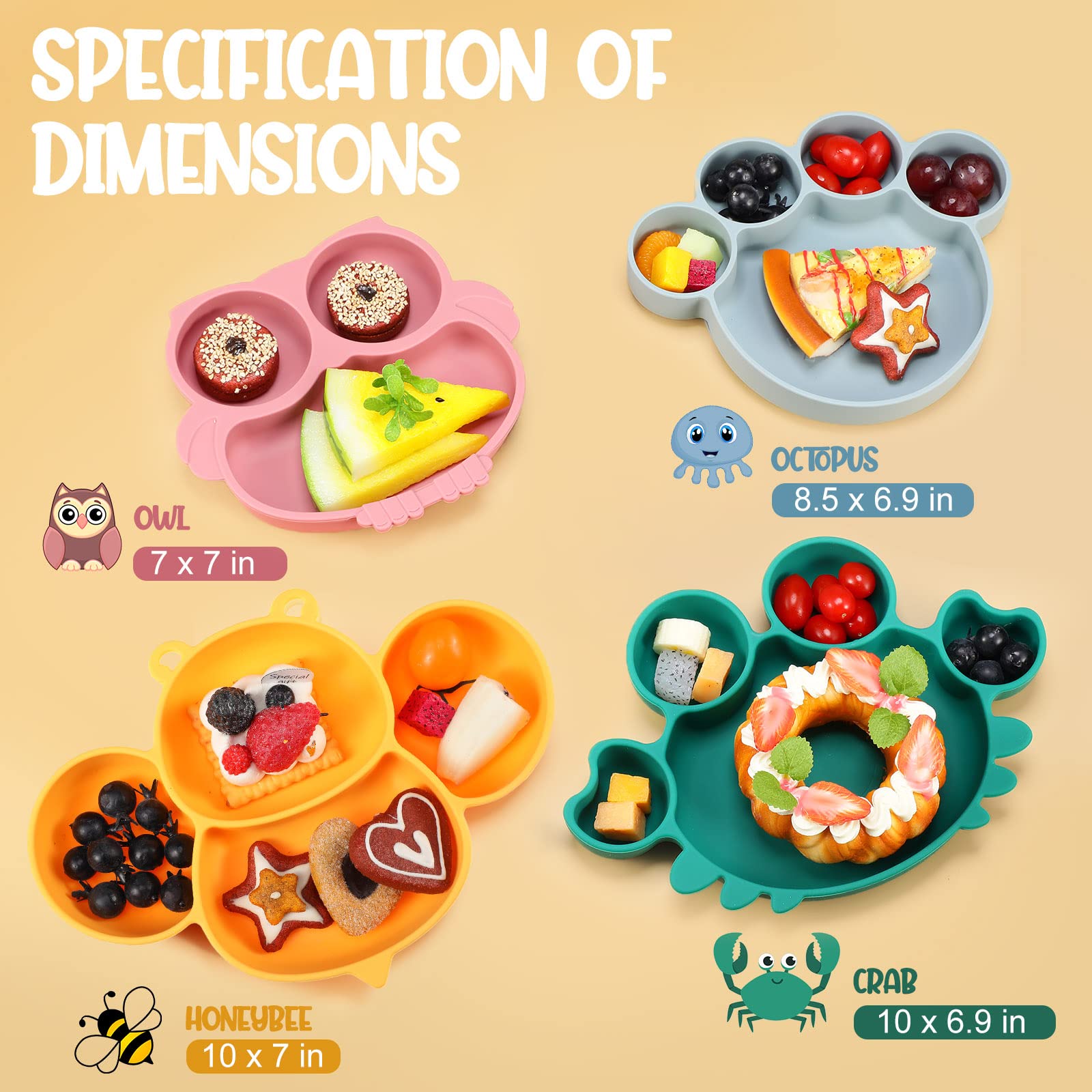 **Maxdot 4-Piece Silicone Baby Plates with Suction Base – Divided Toddler Dishes for Kids, Cute Animal Design – Microwave & Dishwasher Safe – Perfect for Baby Feeding, Snacks & Mealtime (Multi-Color)**    *(Use Cases: Ideal for home, daycare, travel, and on-the-go meals – keeps food separated and mess-free!)*