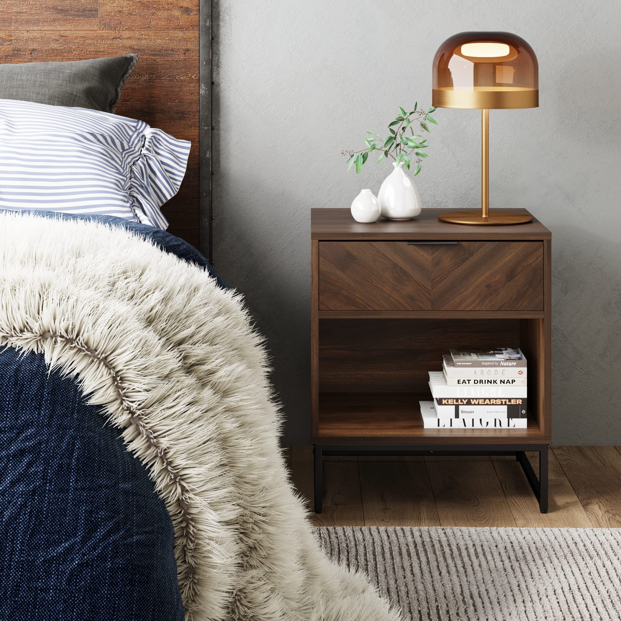 Nathan James Kensi Nightstand - Modern Walnut & Black End Table with Storage Shelf | Perfect for Bedroom, Living Room, or Office Use