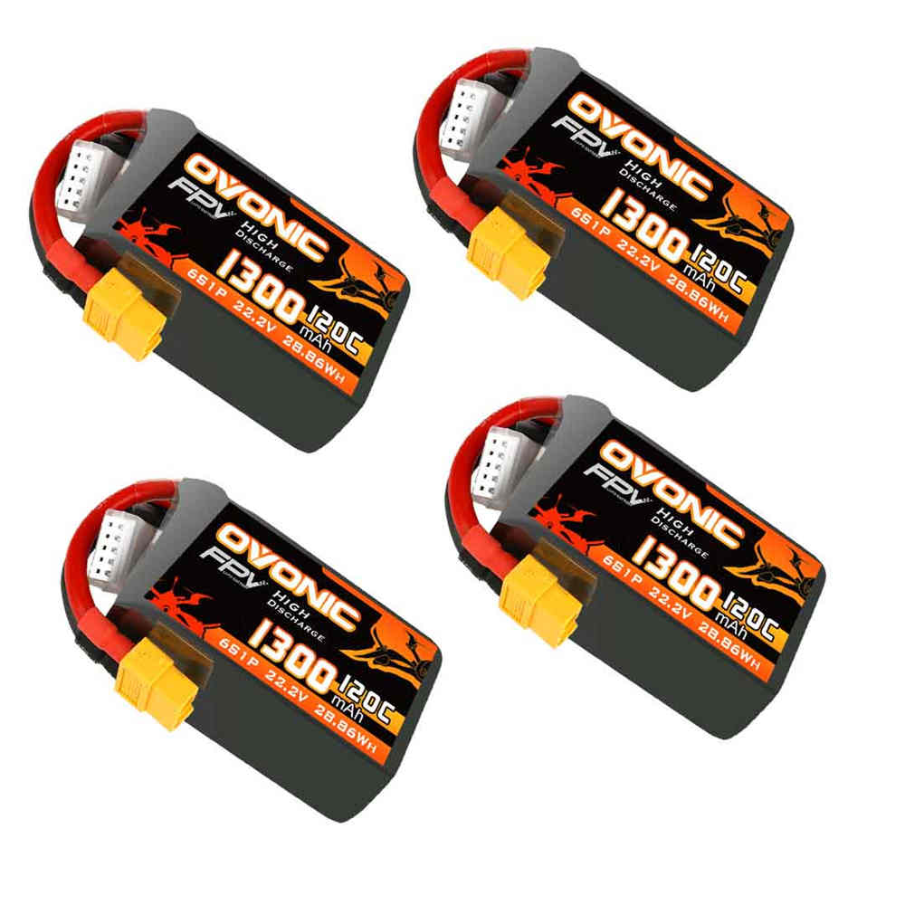 Ovonic 4-Pack 1300mAh 6S 22.2V 120C LiPo Battery with XT60 Connector for FPV Racing Drones - Perfect for 5-6 Inch Freestyle & Long Range Quadcopters