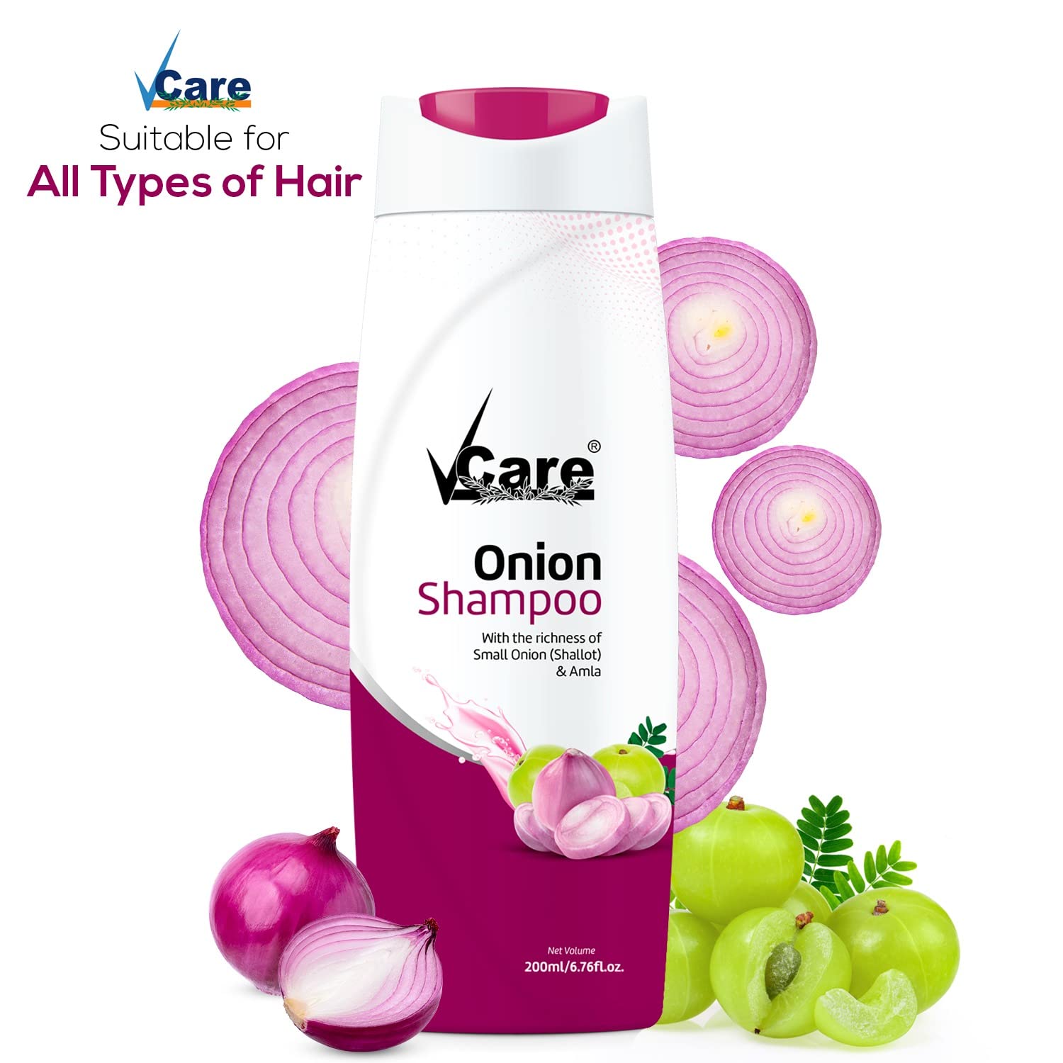 VCare Small Onion Shampoo for Hair Growth & Hair Fall Control - 200ml with Shallot Onion & Amla Extract - Natural Hair Care for Men & Women (Pack of 2) - Promotes Thicker, Stronger Hair for Daily Use & Scalp Health