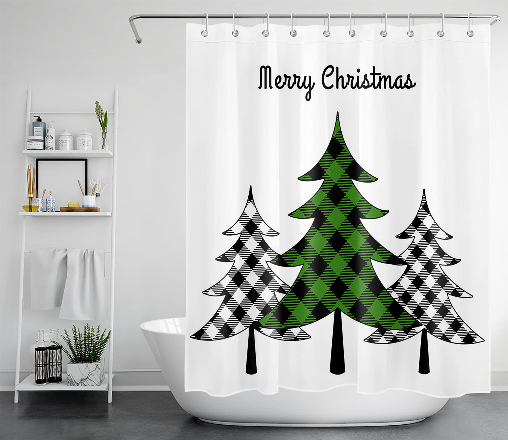 HVEST Merry Christmas Shower Curtain - Black & White Checkered Xmas Tree Design, Waterproof Polyester Bathroom Decor (60x72 Inches) with Hooks | Farmhouse Holiday Bath Accessories for Winter & Christmas Decorations | Perfect for Bathroom, Guest Room, and Seasonal Home Styling