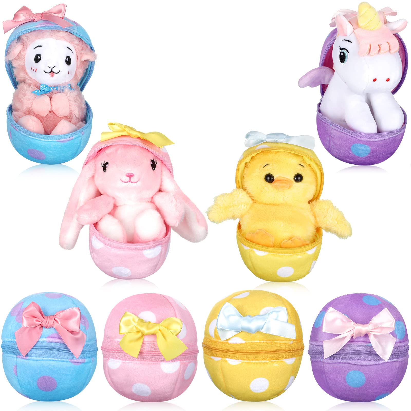 Skylety 4-Pack 6-Inch Easter Egg Stuffed Animals with Llama, Unicorn, Chick & Rabbit Plush Toys - Perfect for Easter Basket Stuffers, Gift Exchanges, Party Favors & Spring Celebrations