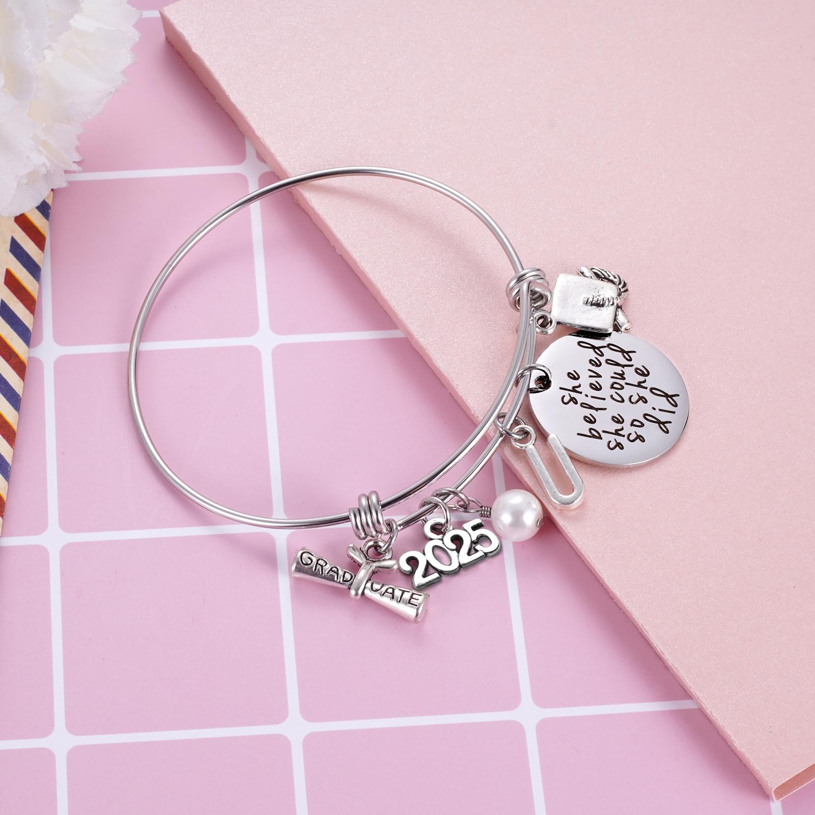 Ukodnus Class of 2025 Graduation Bracelet - Personalized 26 Initial Charm Bracelet for High School & College Seniors - Inspirational Gift for Her - Perfect for Graduation Ceremonies, Parties & Keepsakes