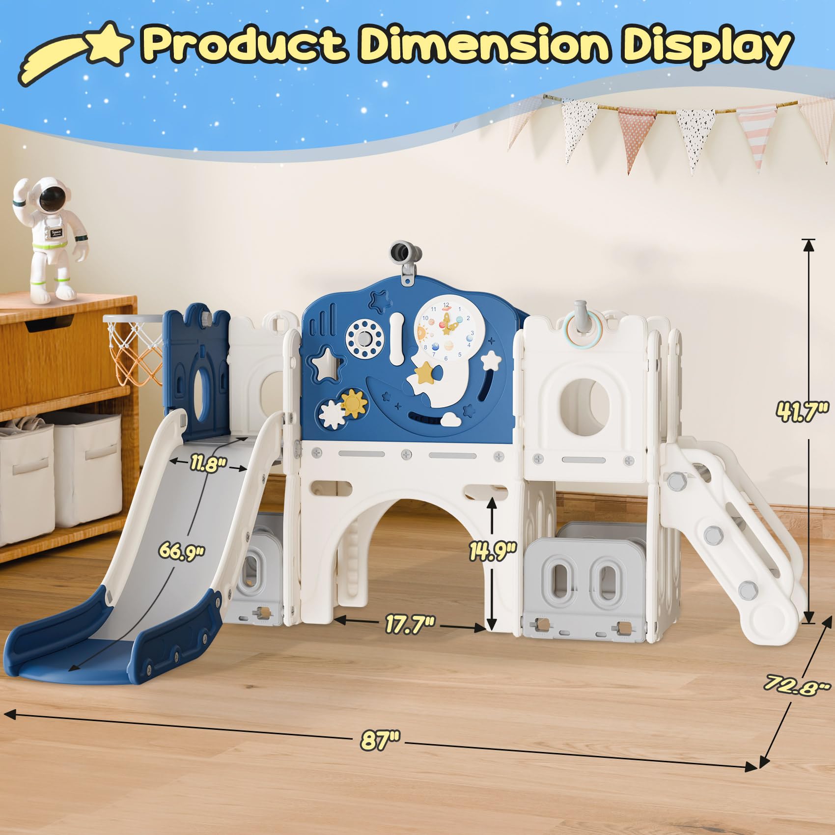 BIERUM 12-in-1 Astronaut Themed Toddler Slide Playset for Kids Ages 1-3 - Interactive Baby Slide with Basketball Hoop, Ring Toss & Space Decor (Blue-Gray) - Perfect for Indoor Playrooms, Backyards & Preschool Activities