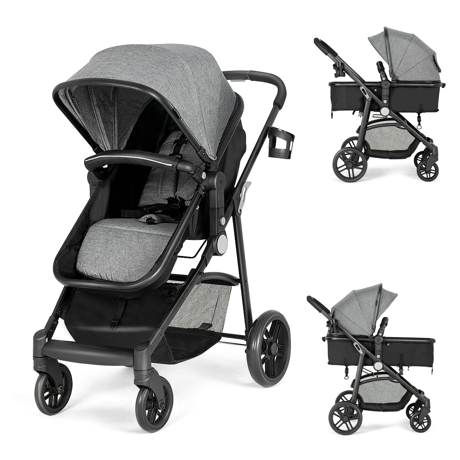 HONEY JOY Baby Stroller - Convertible Infant Bassinet Stroller with Adjustable Canopy, Reclining Backrest, Storage Basket & Cup Holder | Foldable Newborn Carriage Pram for Travel, Shopping & Outdoor Walks (Gray)