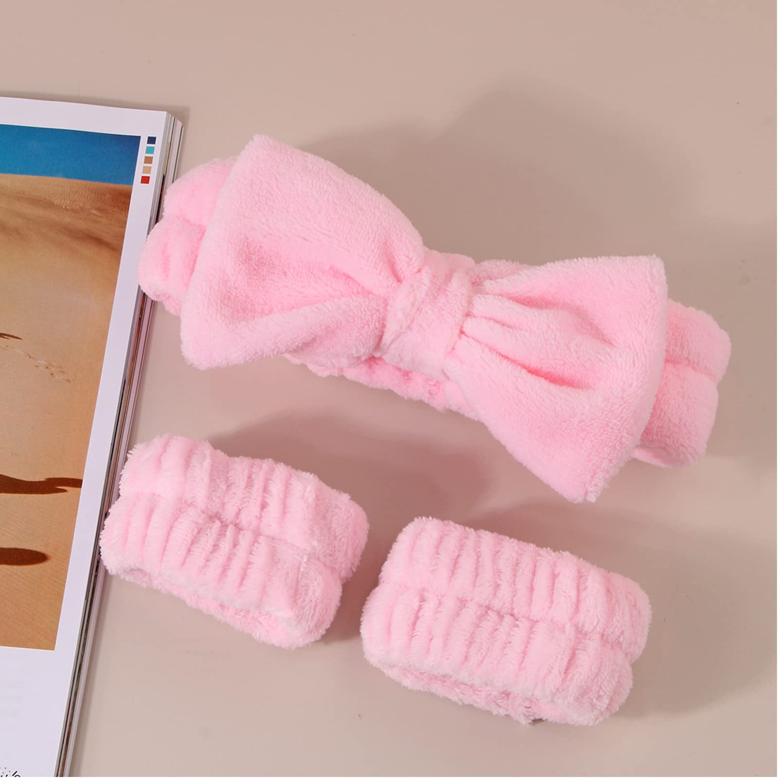 AEGYPIUS 3-Piece Face Wash Headband and Wristband Set - Soft Spa Headbands for Washing Face, Skincare & Makeup Removal - Perfect for Bath, Shower, and Facial Routine (Pink, Blue, White)