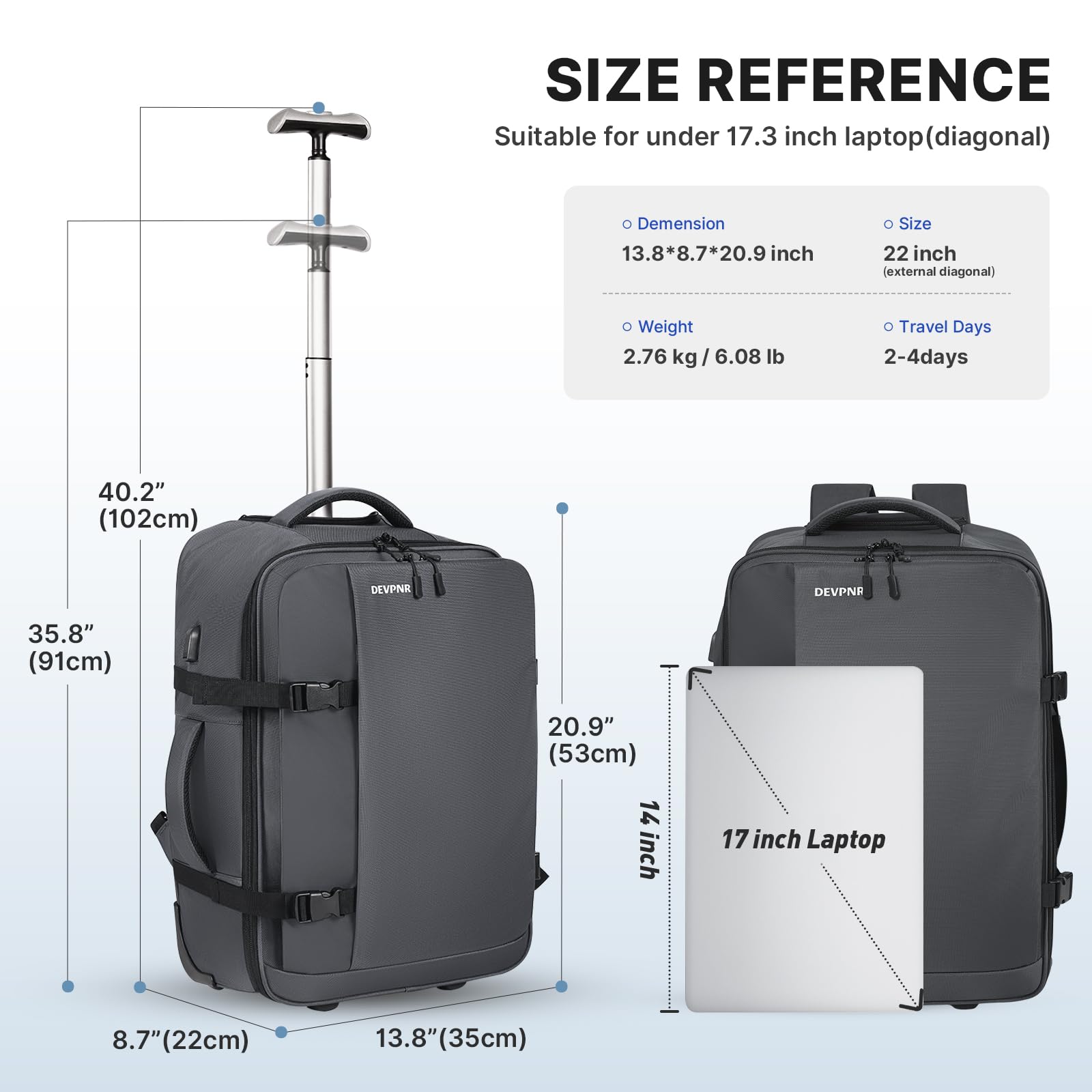 Rolling Backpack for Women & Men - 40L Wheeled Carry On Luggage Travel Backpack with Laptop Compartment (Fits 17 Inch Laptop) - Airline Approved Trolley Backpack for Business Trips & Overnight Travel (Gray) - Perfect for Commuting, Airports & Business Meetings