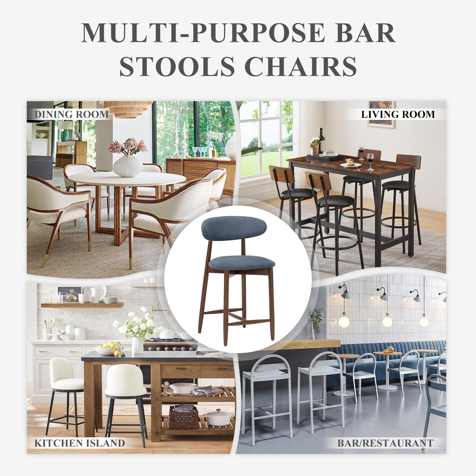 COLAMY Set of 3 Mid Century Modern Wood Bar Stools - 25 Inch Counter Height Upholstered Barstools with Back Support - Blue Wooden Stools for Kitchen Island, Dining Room, Home Bar & Breakfast Nook