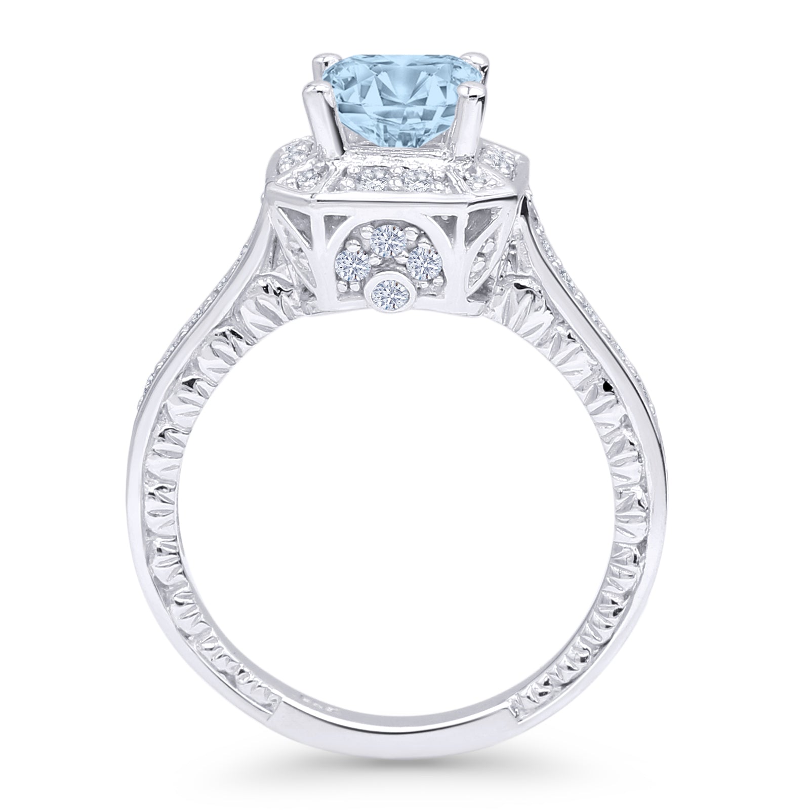 14K White Gold Art Deco Princess Cut Halo Aquamarine CZ Ring - Elegant Vintage Style Engagement & Wedding Jewelry for Women
