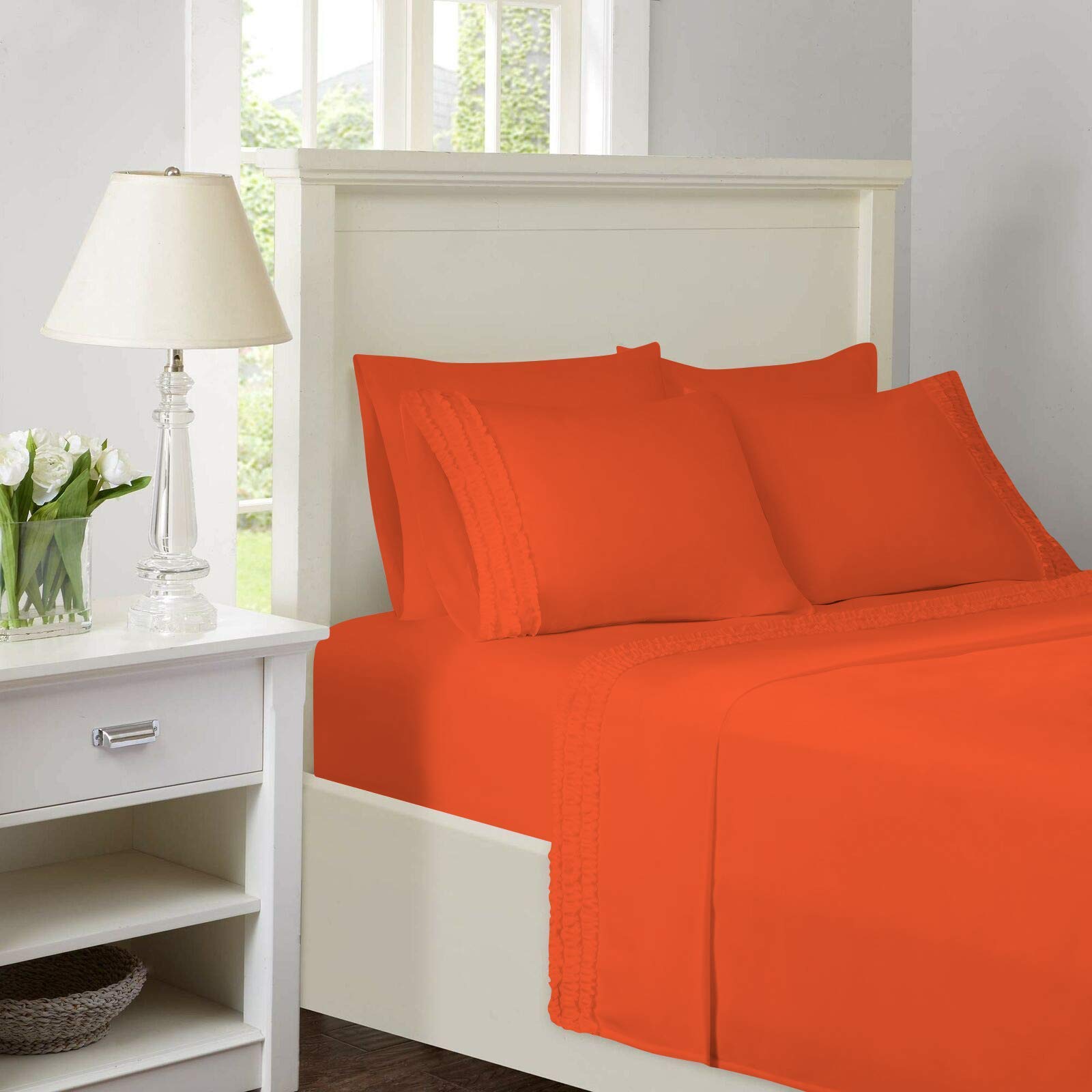 Luxury 4-Piece 3-Line Ruffled Bed Sheet Set - 100% Egyptian Cotton 1000 Thread Count - Includes 1 Fitted Sheet (15