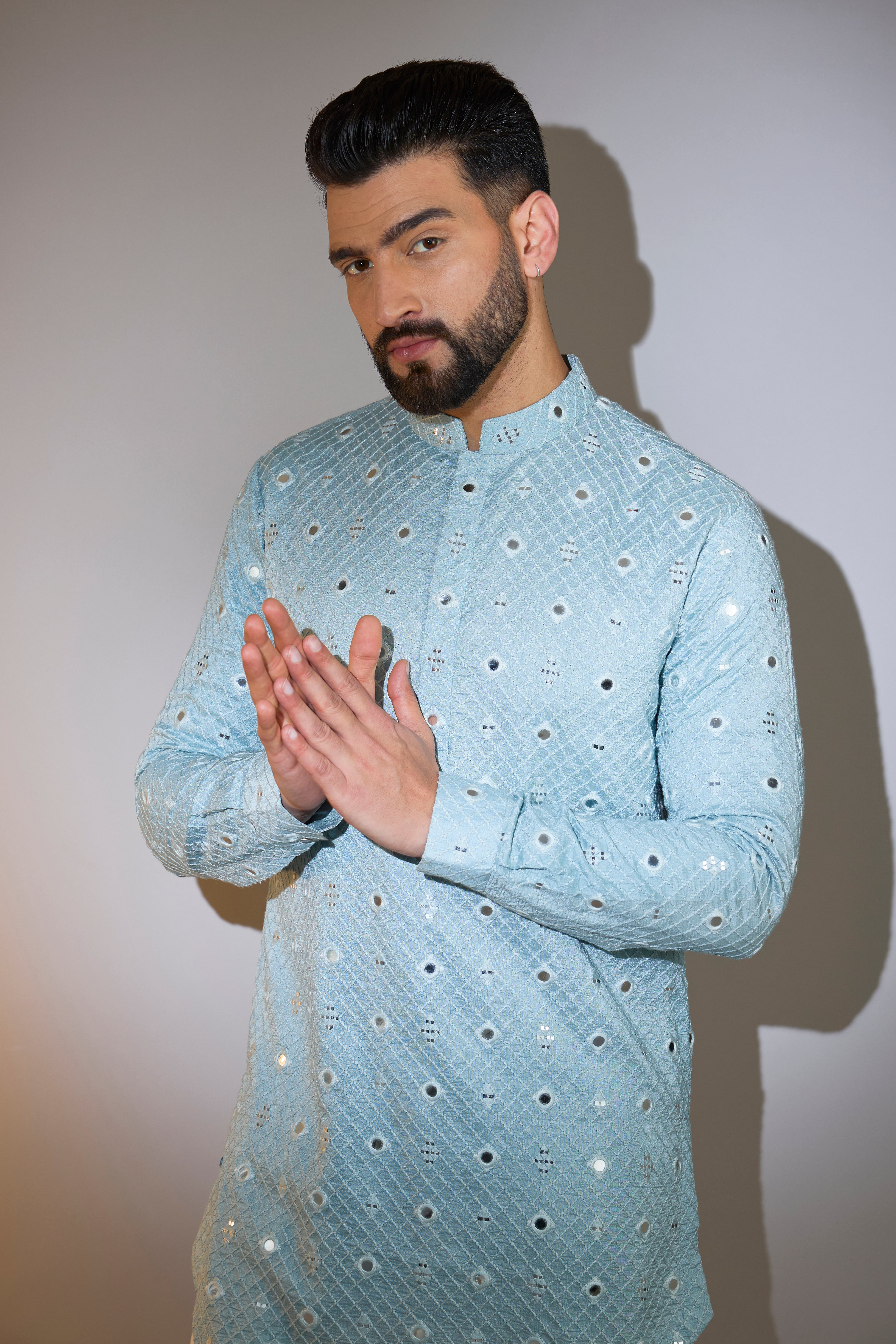 Powder Blue Short Mirror Work Kurta for Women - Embroidered Indian Ethnic Top - Perfect for Festivals, Parties & Casual Wear