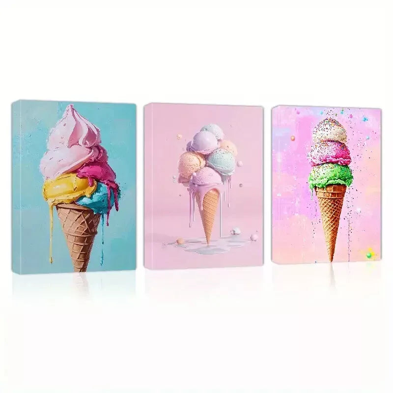 3-Piece Colorful Ice Cream Art Set - Framed Canvas Wall Decor 50x70cm | High Quality Print | Australian Made | Ready to Hang | Perfect for Kitchen, Bedroom & Kids Room Decor