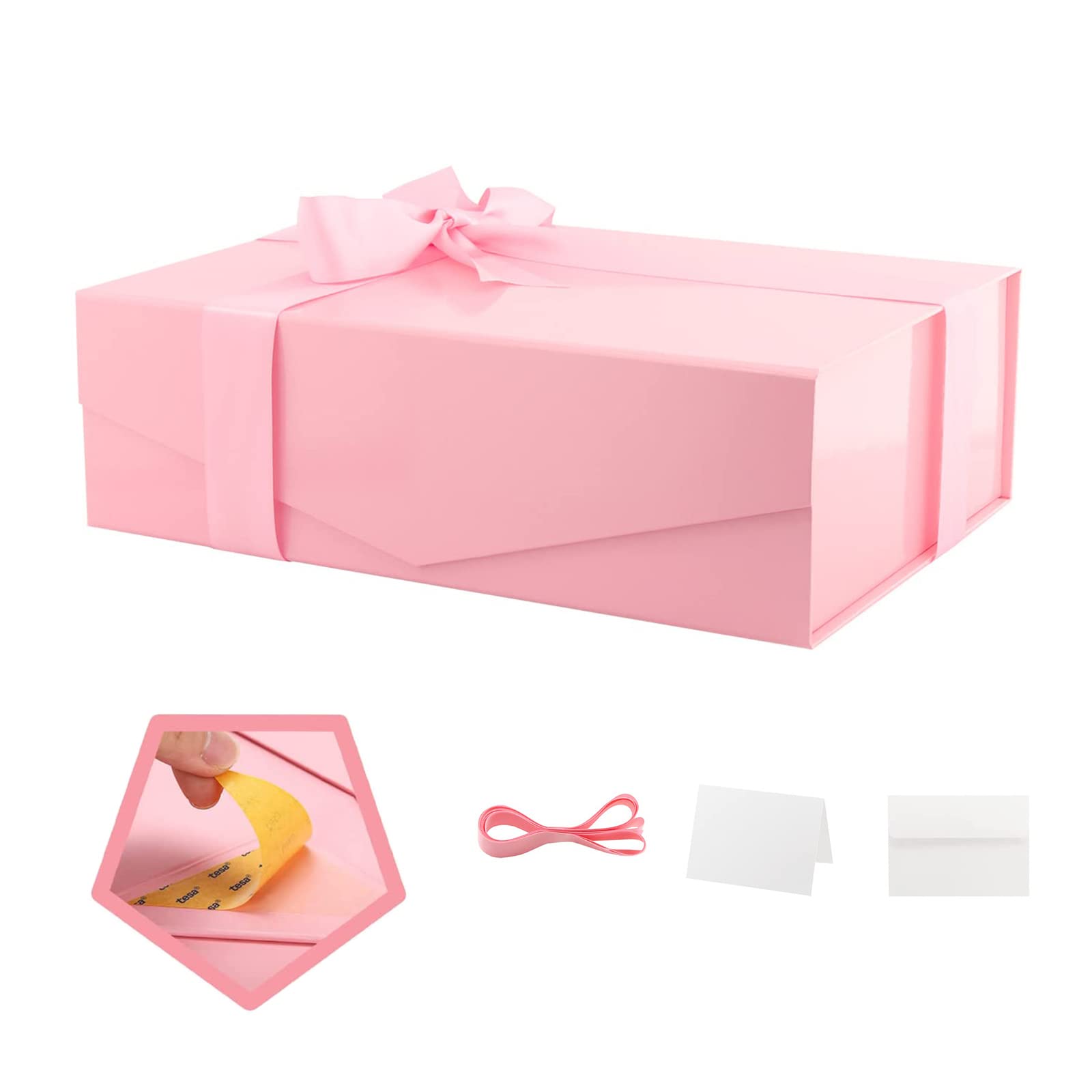 PACKQUEEN 5 Large Christmas Gift Boxes with Ribbons - 13.5x9x4.1 Inch Glossy Pink Present Boxes for Bridesmaid Proposals, Holiday Gifts, Party Favors & Special Occasions - Includes Lid & Blank Greeting Cards