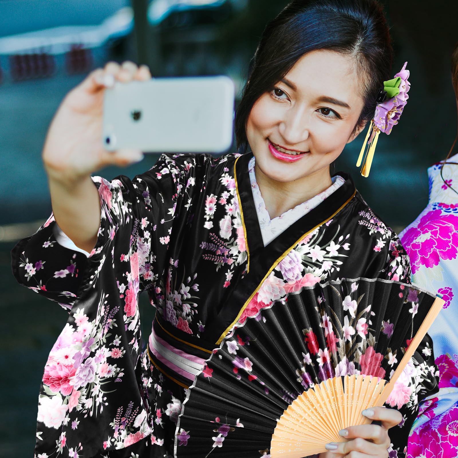 8 Pcs Japanese Kimono Costume Set for Women - Geisha Yukata with Obi Belt, Wooden Clogs, Parasol, Hair Stick & Folding Fans - Perfect for Cosplay, Halloween, Tea Ceremonies & Cultural Events