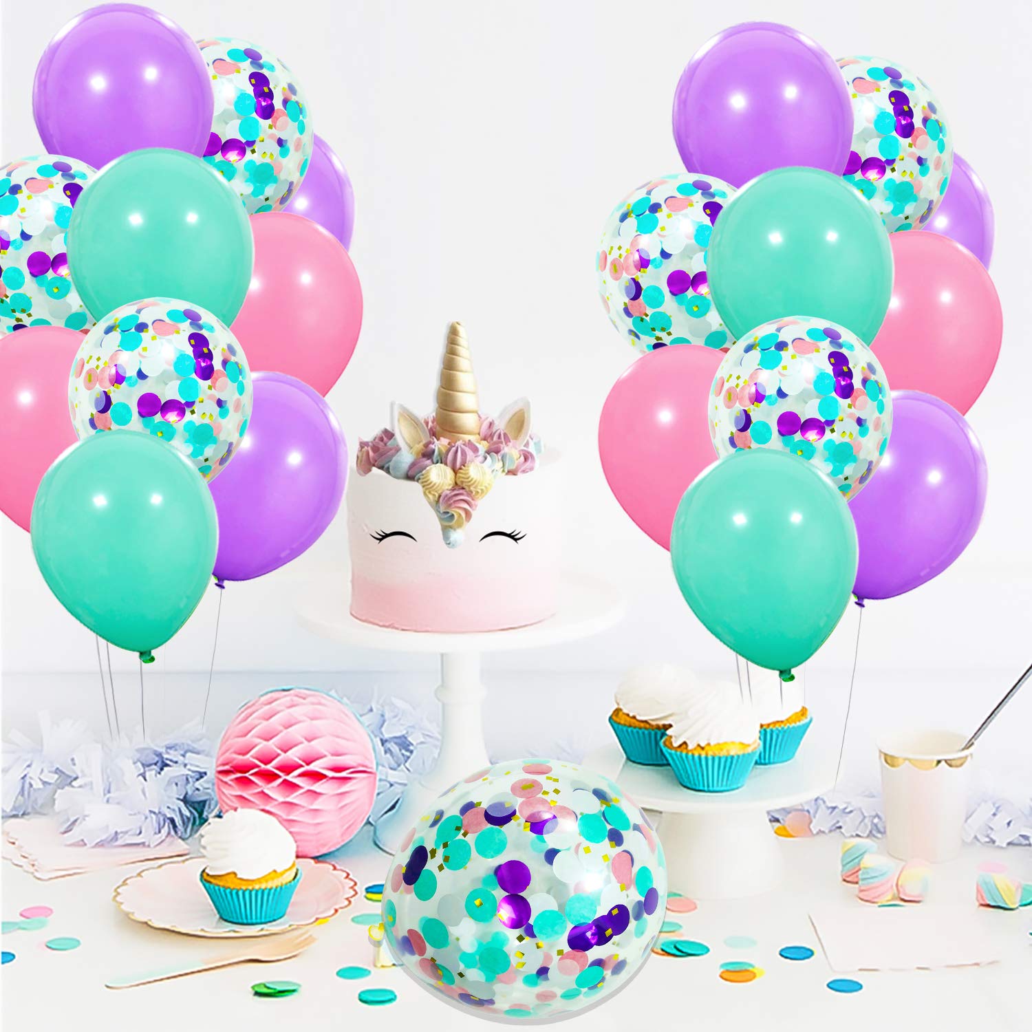 40 Pack Unicorn Balloons - 12 Inch Pastel Latex Balloons in Light Purple, Pink & Seafoam Blue with Confetti & Ribbon for Party Decorations | Perfect for Birthday Parties, Baby Showers, Weddings & Graduation Celebrations