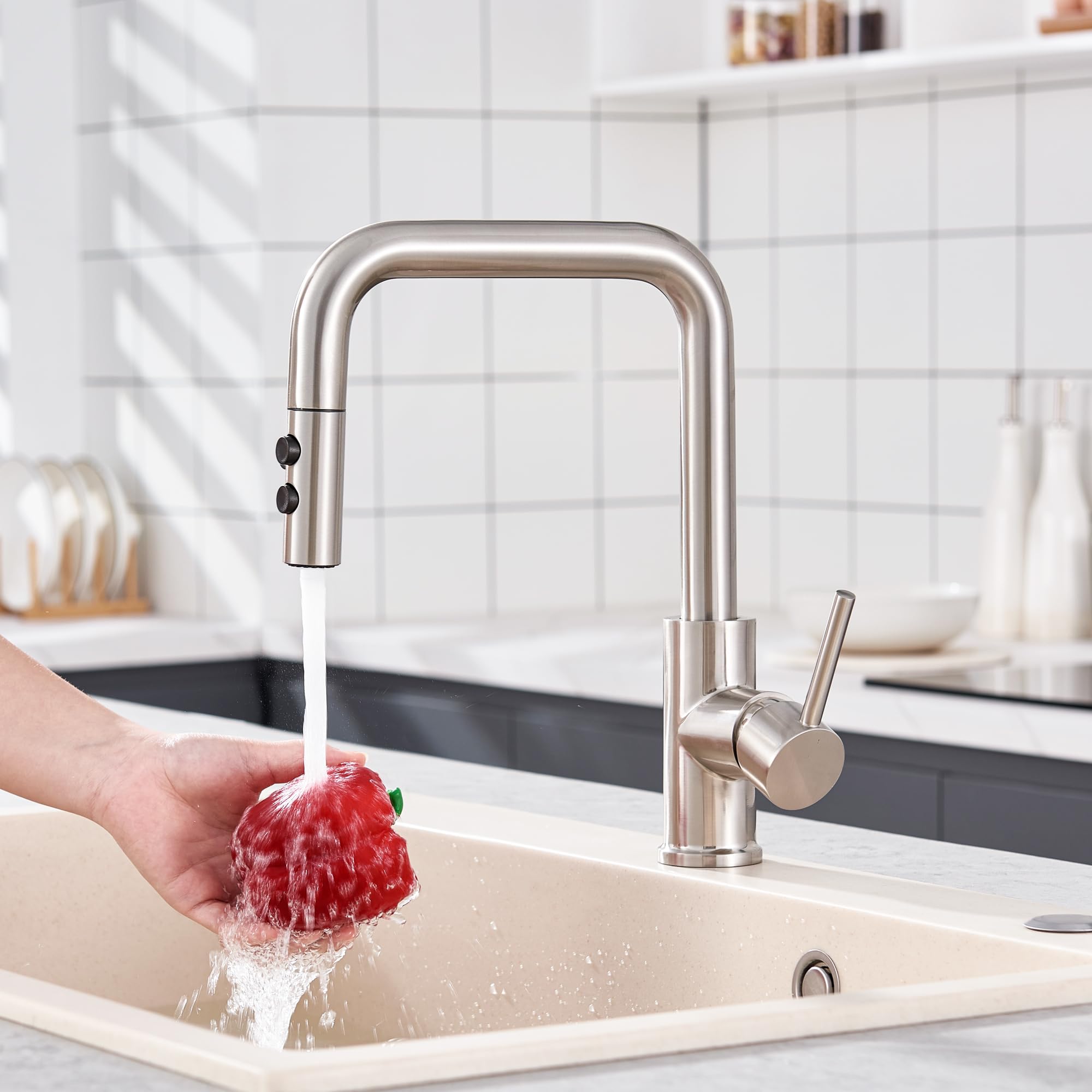 Stainless Steel Pull Down Kitchen Faucet Spray Head Replacement with 15 Adapters - 2 Function Brushed Nickel Sink Nozzle for Easy Dishwashing & Food Prep