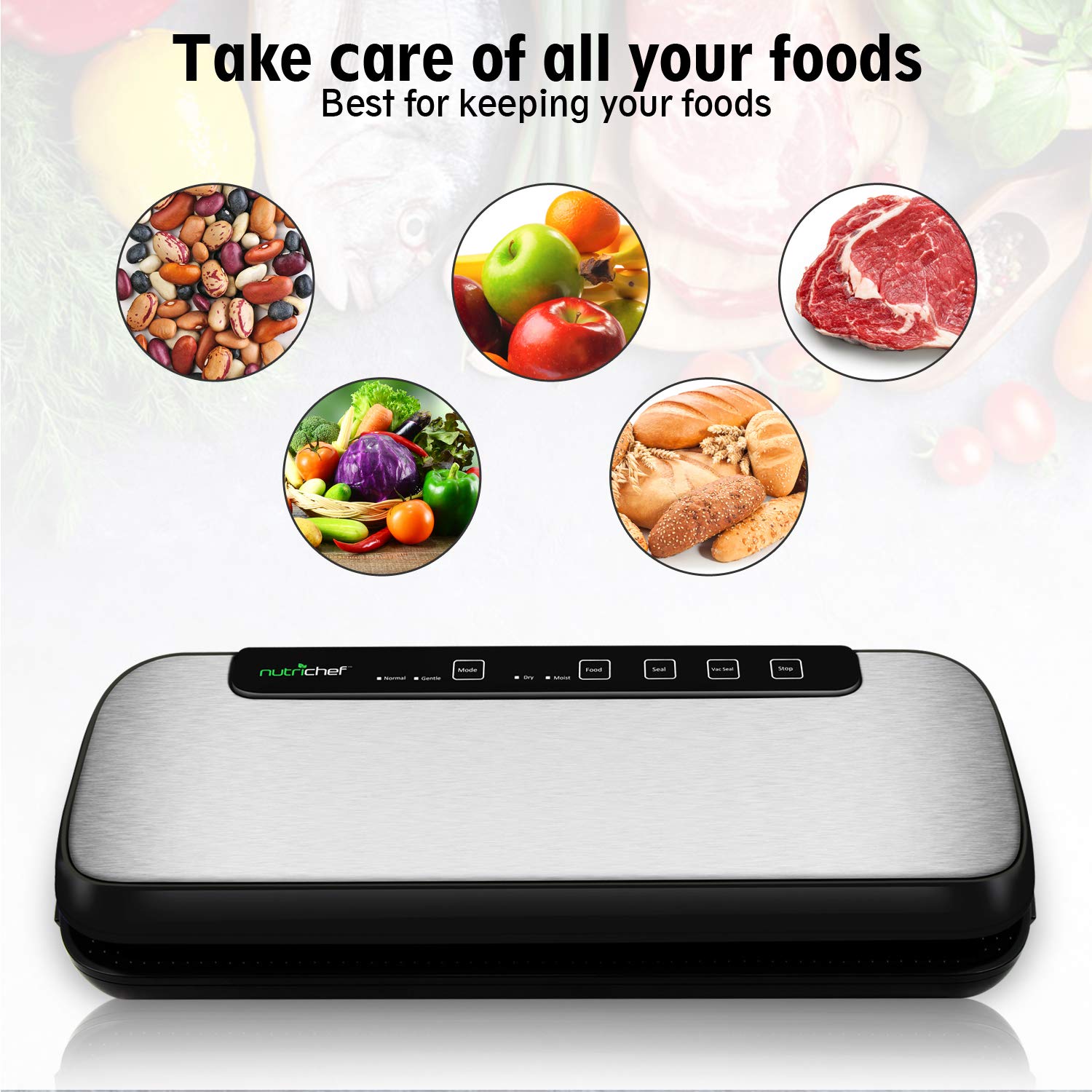 NutriChef Stainless Steel Vacuum Sealer Machine for Food Preservation - Powerful Adjustable Suction with Dry & Moist Modes, LED Display, Includes Bags & Wine Stopper - Perfect for Meal Prep, Sous Vide, Freezer Storage & Long-Term Food Saving