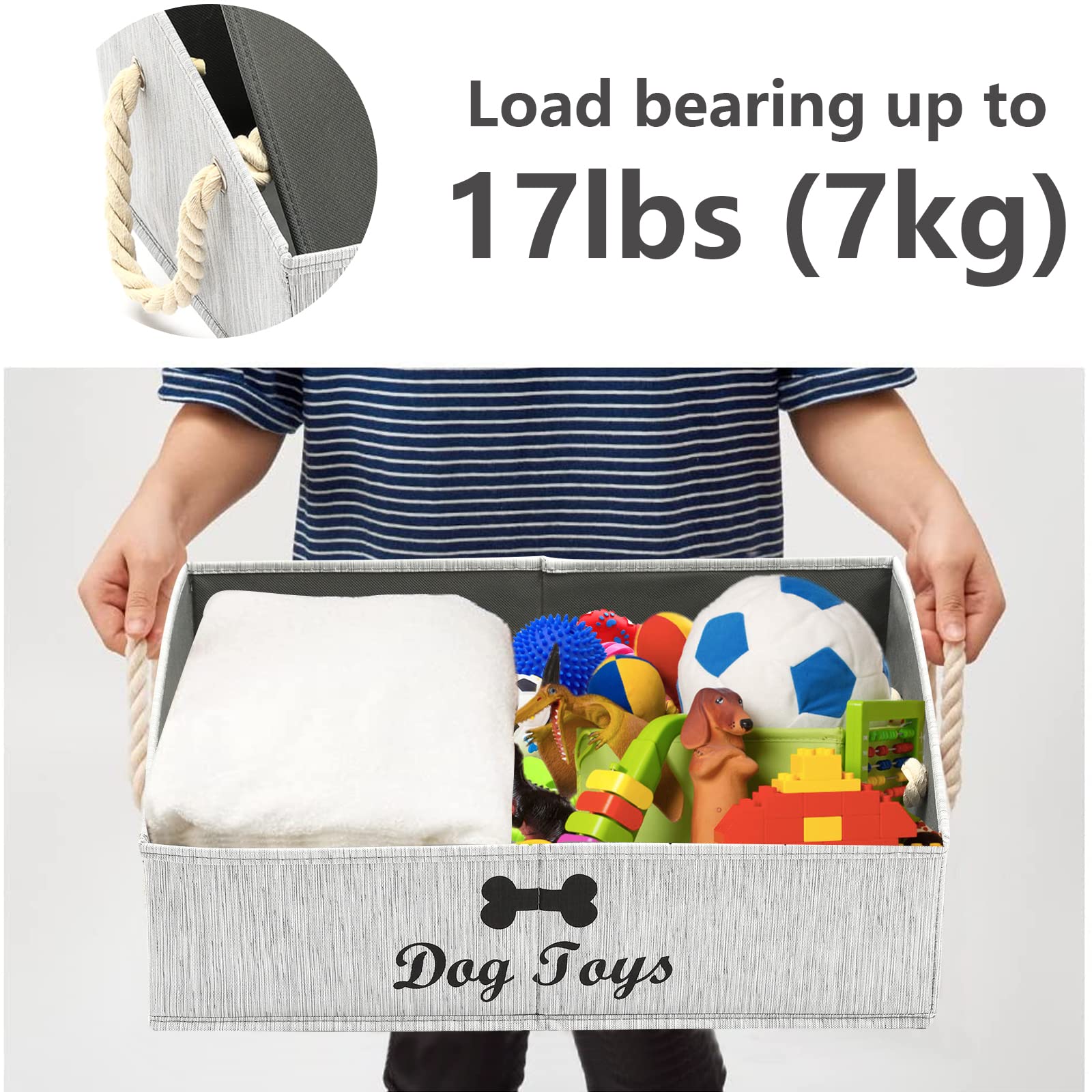 Geyecete Large Foldable Dog Toy Storage Bin - Collapsible Fabric Trapezoid Organizer Box with Woven Rope Handle for Shelves | Pet Clothes & Accessories Organizer | Perfect for Dog Toys, Leashes & Grooming Supplies (Gray-Dog Pattern)