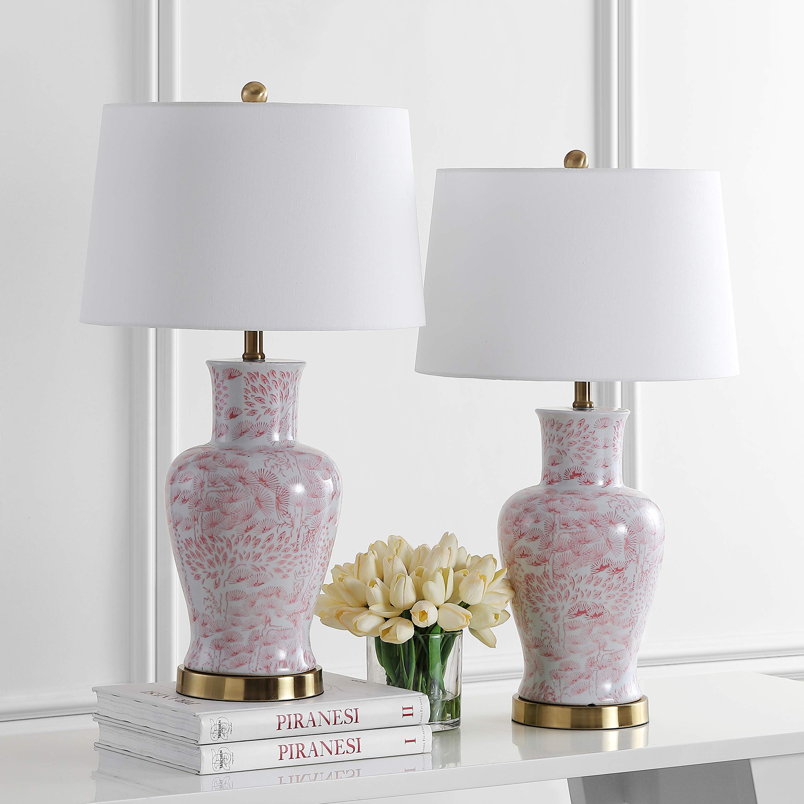 SAFAVIEH Lighting Collection Calli Pink & White Chinoiserie 28-Inch Table Lamp Set of 2 with LED Bulbs - Elegant Bedroom, Living Room, Home Office & Nightstand Lighting for Cozy Ambiance