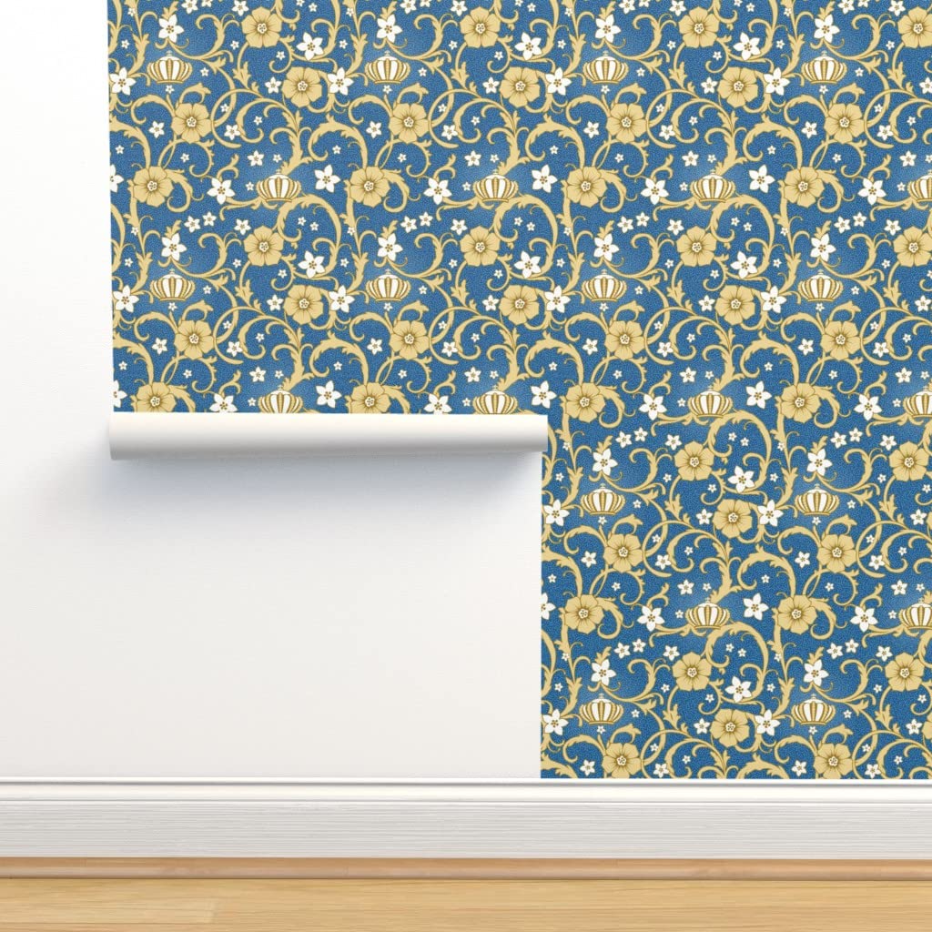 Premium Commercial Grade Wallpaper Swatch - Royal Rococo Crown Gold Floral Pattern on Dark Blue Background | Traditional Whimsical Wallpaper by Spoonflower | Perfect for Living Room, Bedroom & Office Decor