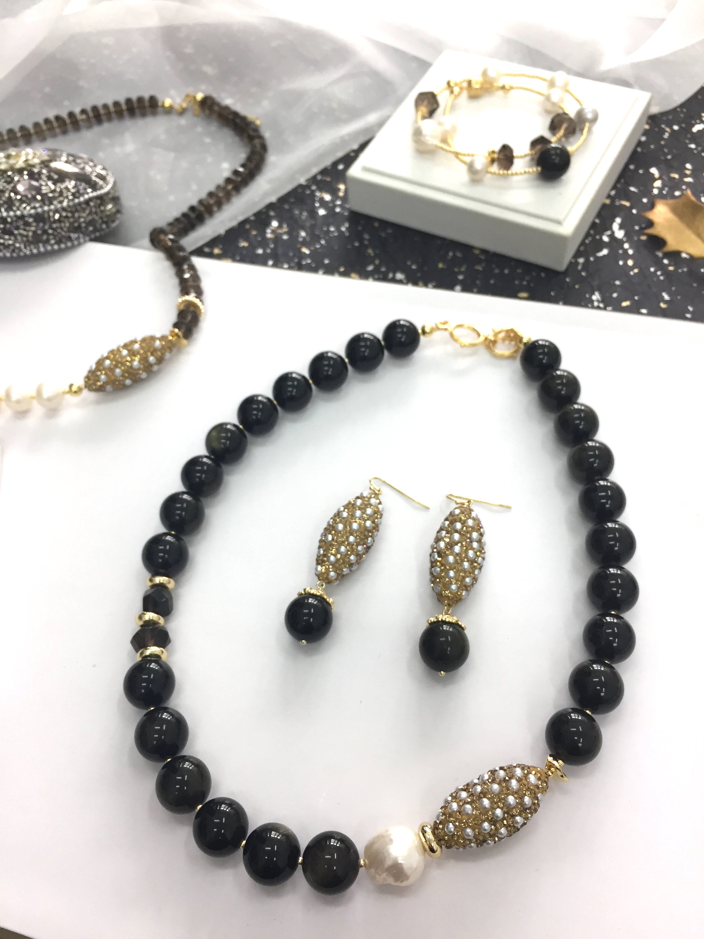 Black Obsidian Statement Earrings with Rhinestones AE016 - Elegant Dangle Earrings for Women, Perfect for Parties, Weddings & Evening Events