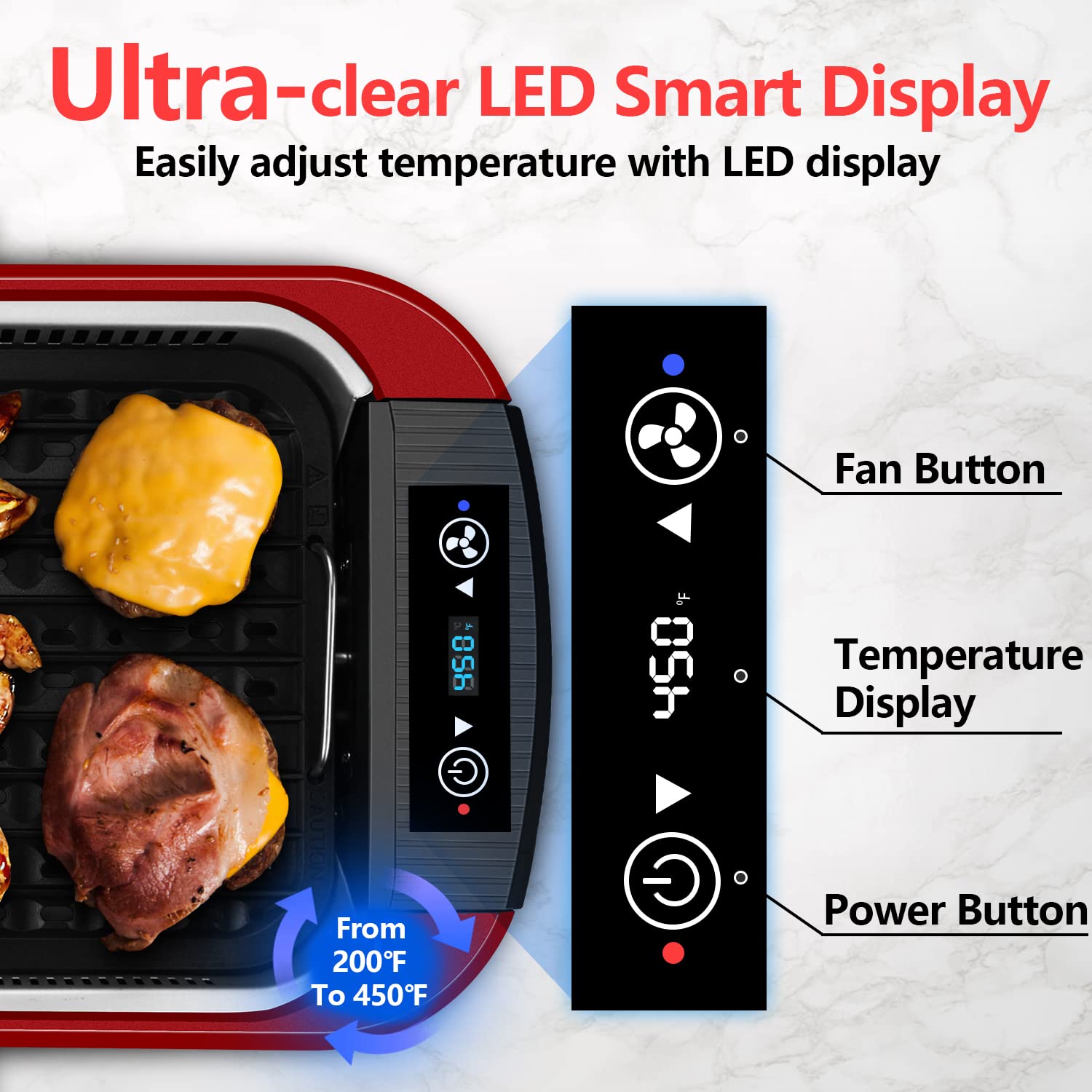 CUSIMAX 1500W Electric Indoor Smokeless Grill - Korean BBQ Griddle with LED Smart Display, Tempered Glass Lid & Non-Stick Removable Plates (Red) - Perfect for Home Cooking, Family Gatherings & Healthy Meals