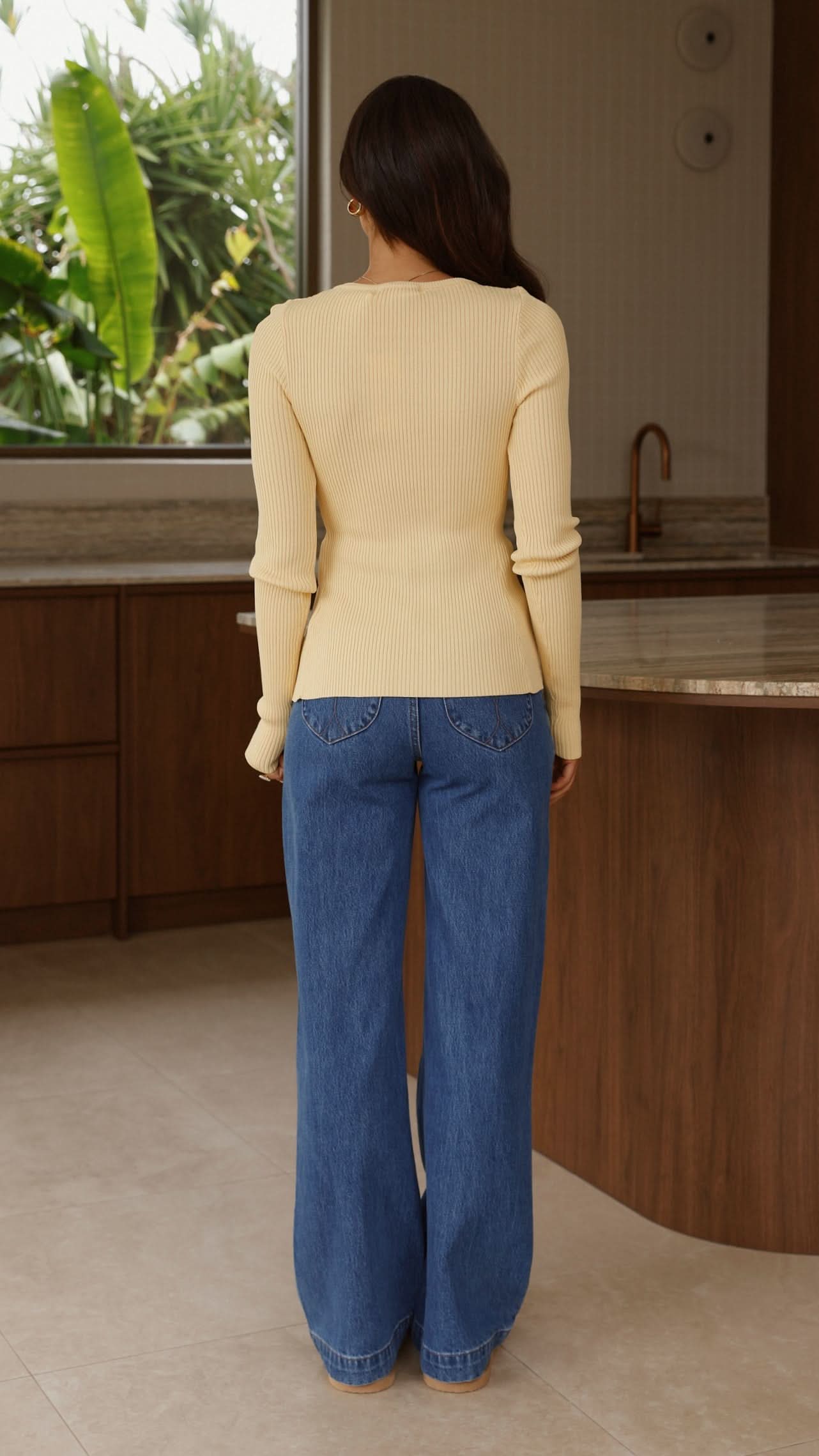 Lyra Long Sleeve Ribbed Top for Women - Soft Stretch Yellow Knit Shirt | Perfect for Casual Wear, Layering & Fall Fashion