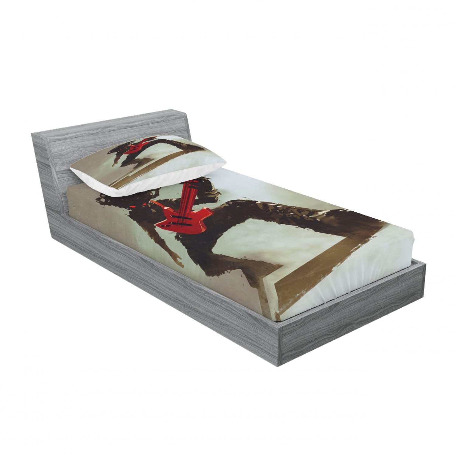Ambesonne 2-Piece Twin Size Fitted Sheet Set with 2 Pillow Shams - Rock Guitar Design in Red & Grey - Soft Stretchable Bedding for Teens & Adults - Perfect for Music Lovers Bedroom, Dorm Room Decor & Gift Ideas