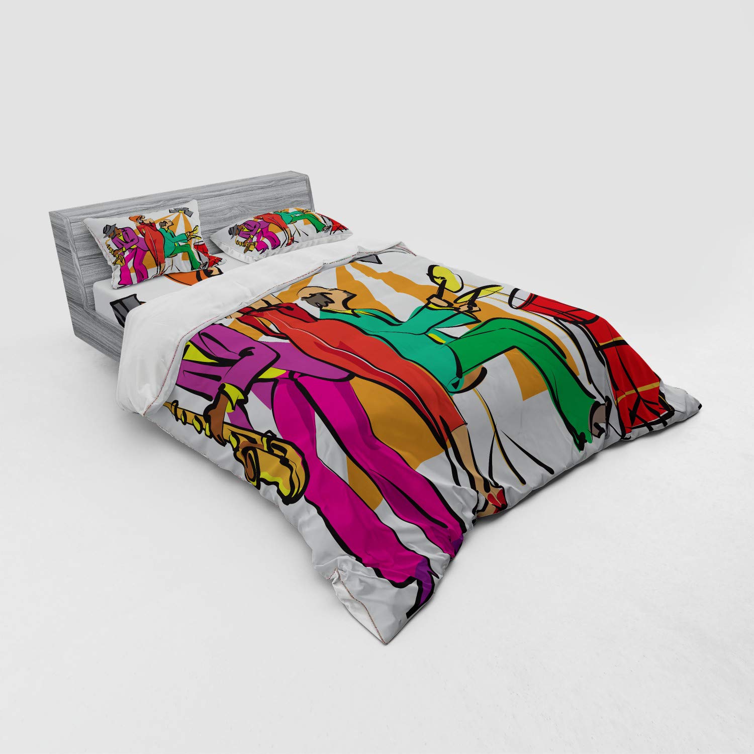 Ambesonne Music Themed 4-Piece Queen Bedding Set - Jazz Band & Neon Art Print Duvet Cover with Shams & Fitted Sheet | Perfect for Music Lovers' Bedrooms, Jazz Themed Decor & Bohemian Style Homes