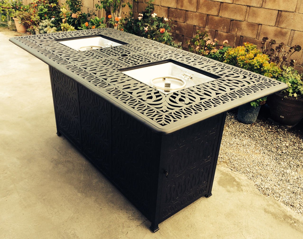 7-Piece Patio Bar Set with Double Burner Fire Pit Table & 6 Nassau Barstools - Durable Cast Aluminum Outdoor Furniture for Backyard, Deck, or Garden Entertaining