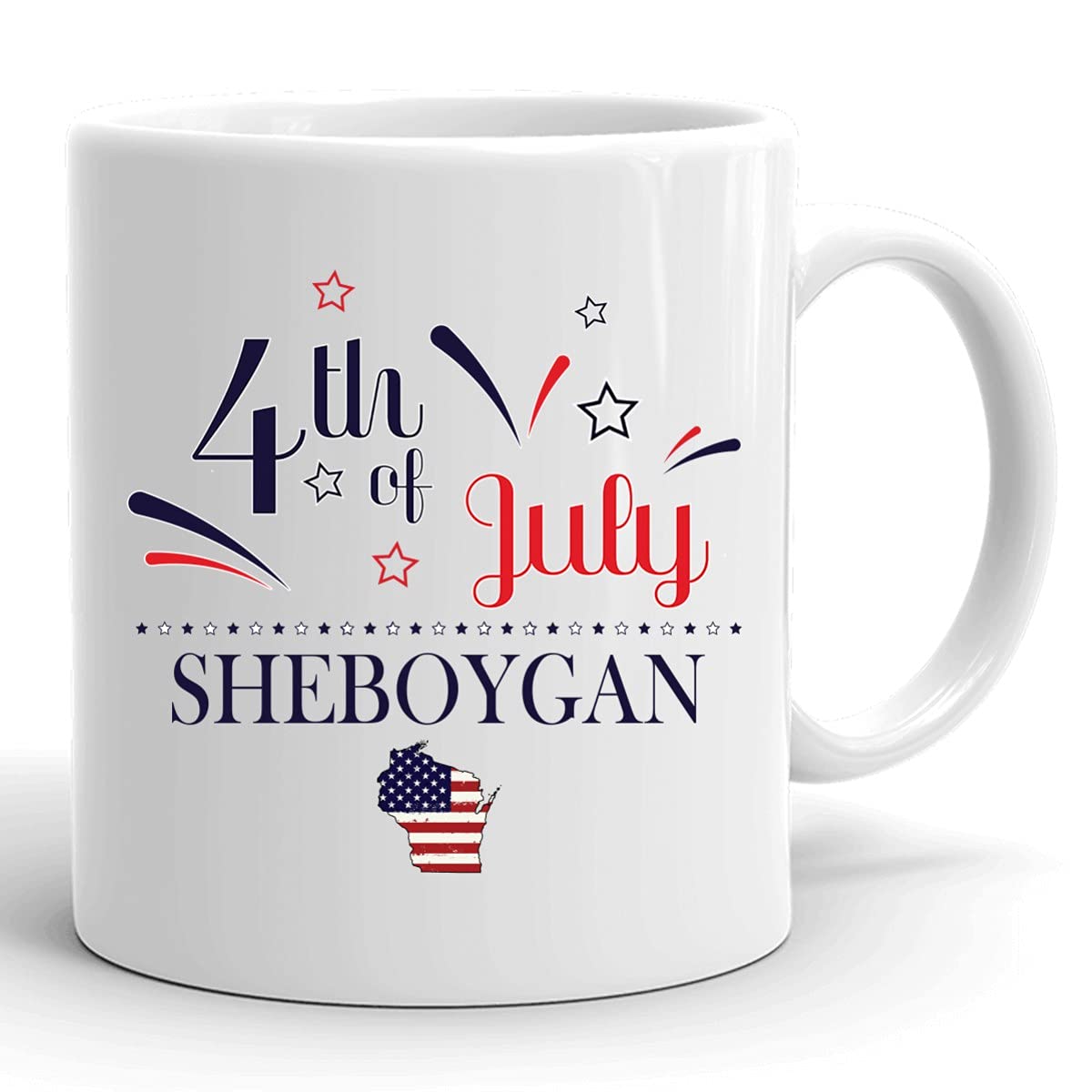 Personalized 11oz Coffee Mug - Custom USA Flag Design with Sheboygan Wisconsin & Happy 4th of July Theme - White Ceramic Cup - Perfect Independence Day Gift & Daily Coffee Drinking   (Use cases: Great for 4th of July celebrations, patriotic gifts, office coffee breaks, home morning routines, and customized souvenir for Wisconsin residents)