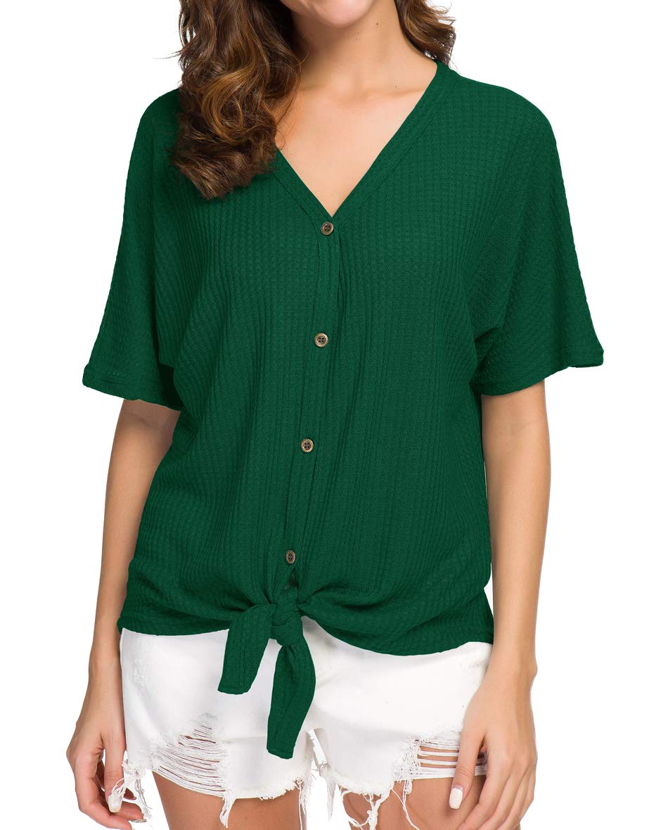 IWOLLENCE Women's Waffle Knit Tunic Blouse - Tie Knot Short Sleeve Henley Top, Loose Fit Batwing Shirt for Casual Wear, Office & Date Night Outfits