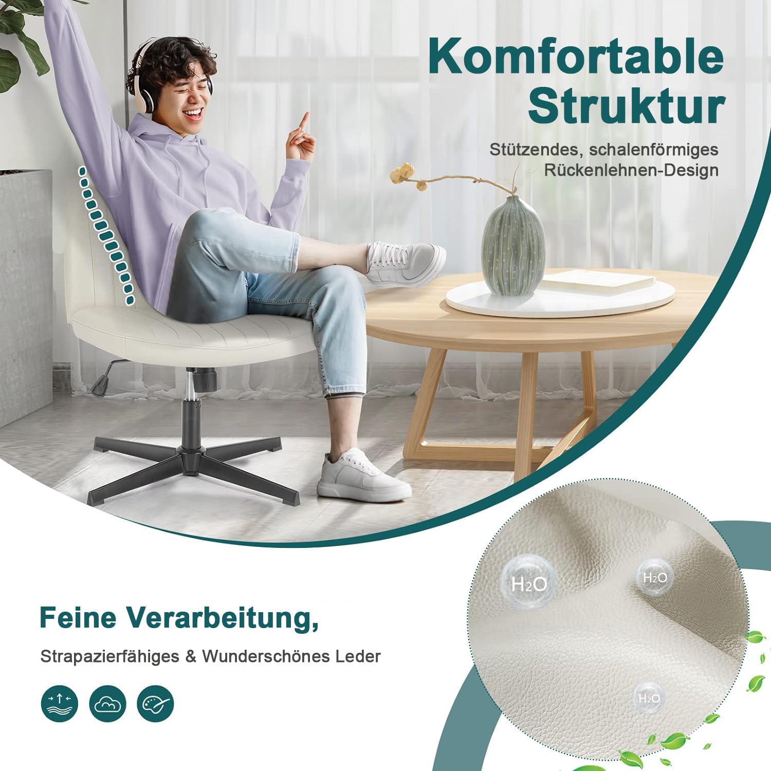 DUMOS Cross Legged Office Chair - Armless Wide Home Desk Seat No Wheels, Modern Swivel Adjustable Fabric Chair for Bedroom, Living Room & Office - Comfortable Vanity Seating for Work, Relaxation & Meditation