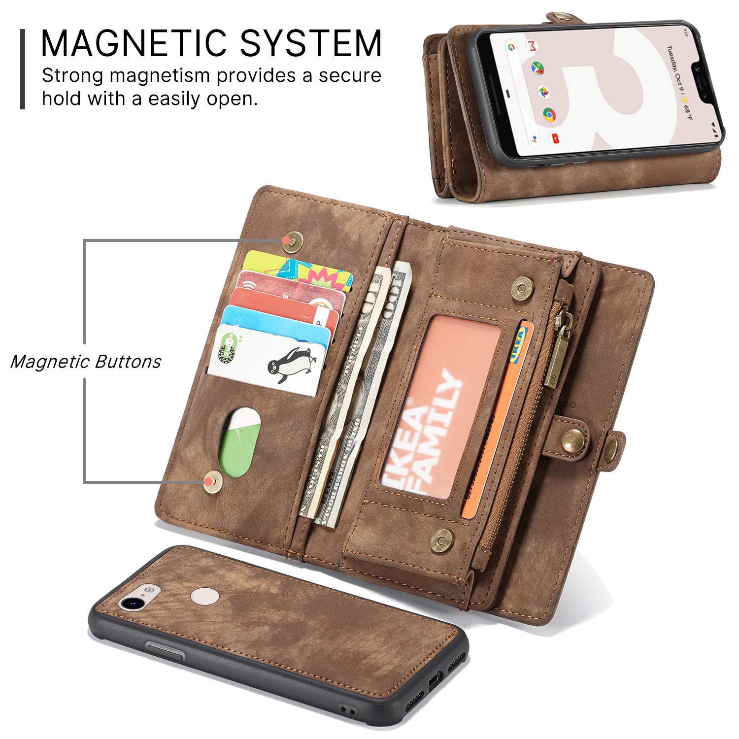 Google Pixel 3A Leather Wallet Case with Zipper Purse, Detachable Card Slots, Magnetic Wrist Strap & Shockproof Protection - Perfect for Travel, Work & Everyday Use (Brown, Pixel 3A)