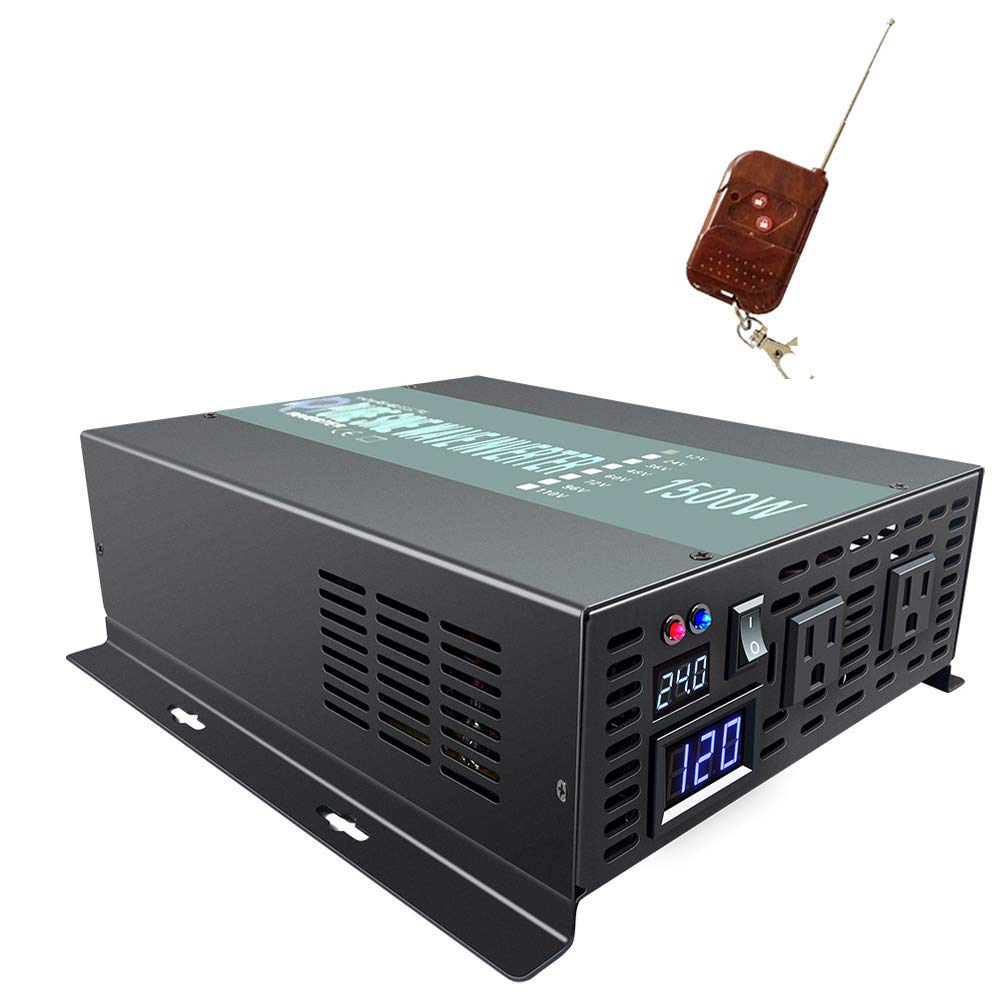 1500W 24V to 120V Pure Sine Wave Power Inverter with Remote Control - Solar Energy Converter for RV, Boat, Off-Grid & Emergency Power Backup