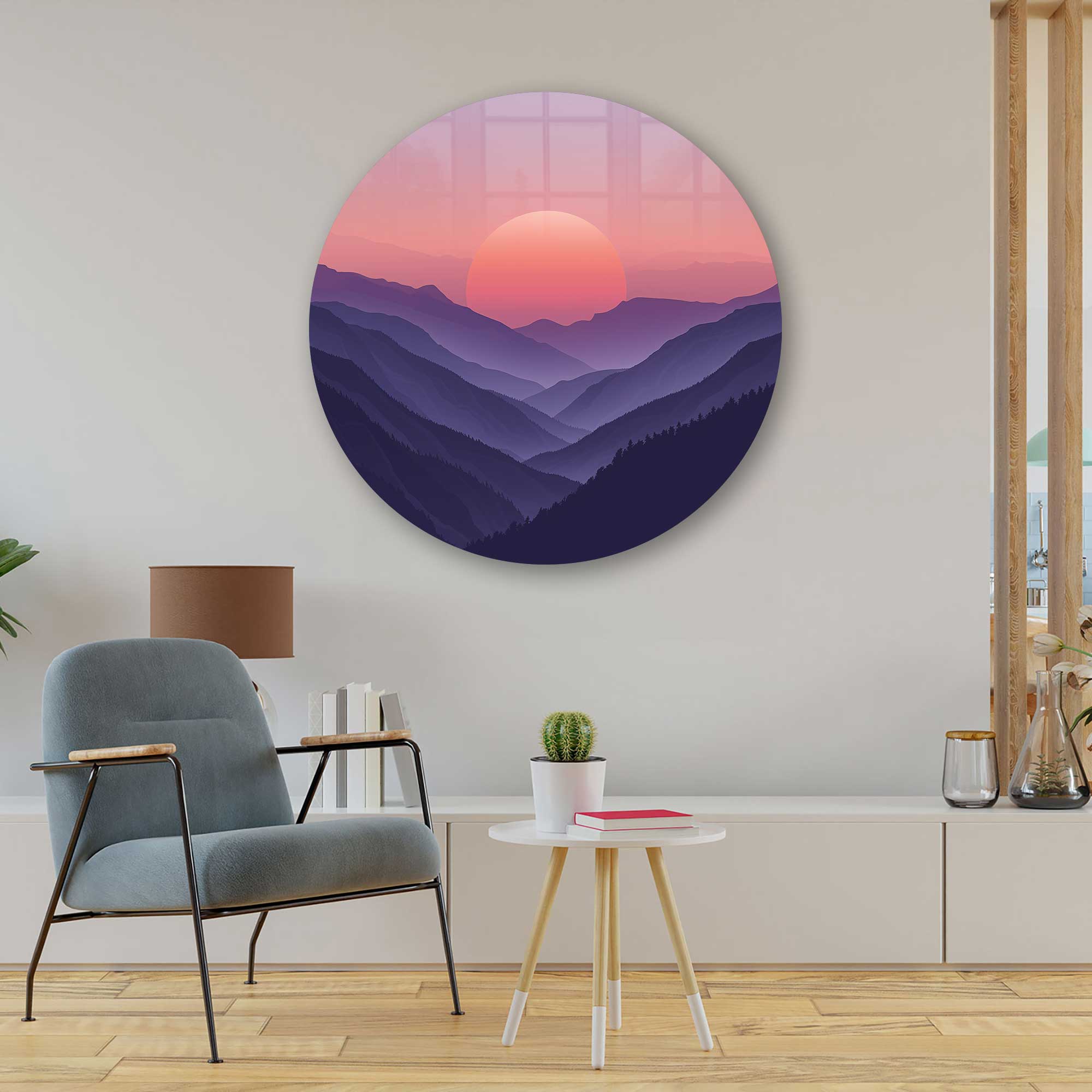 Sunset Beyond the Mountains Round Glass Wall Art - Elegant Home Decor for Living Room, Bedroom & Office