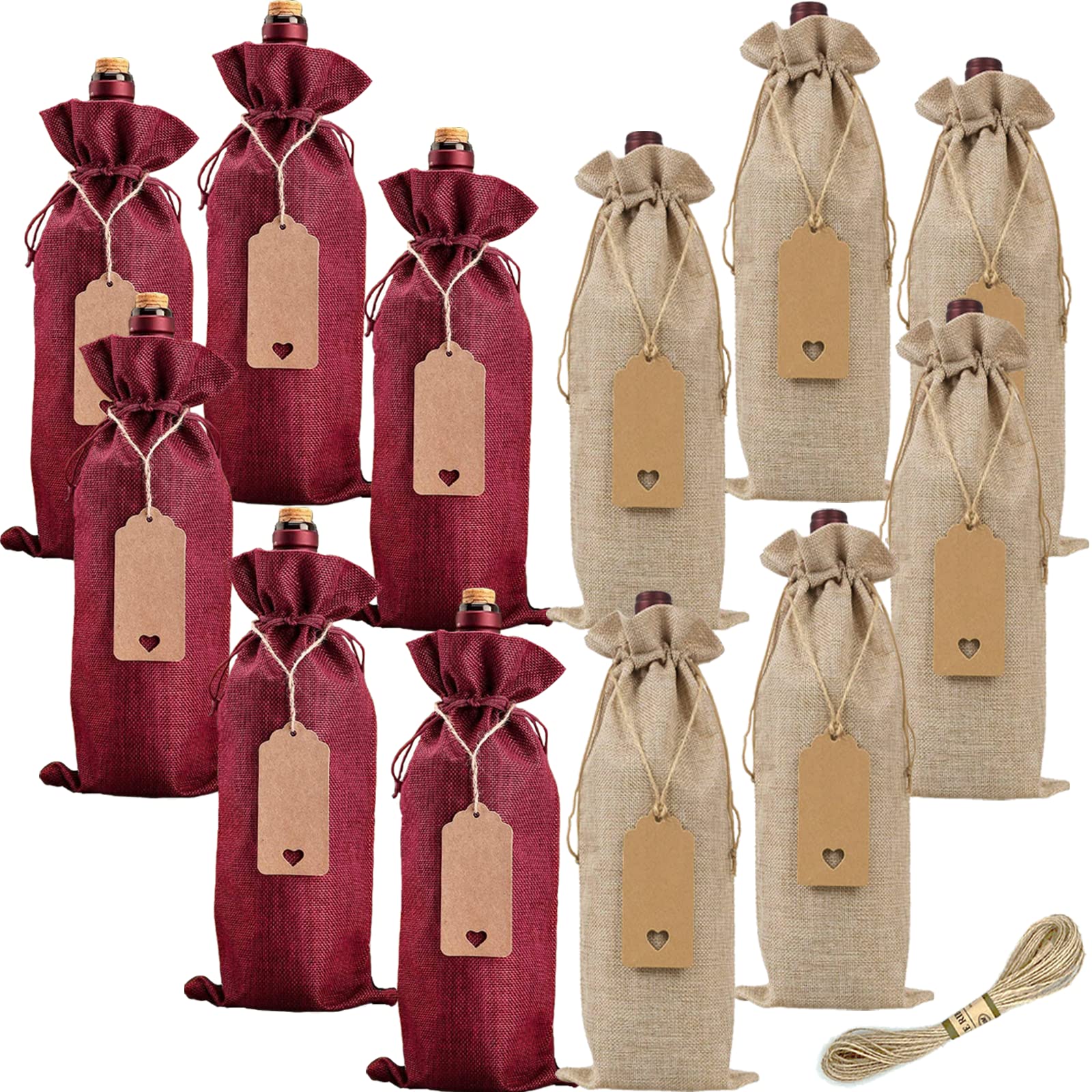 12-Pack Reusable Burlap Wine Gift Bags with Drawstrings - Eco-Friendly Wine Bottle Bags for Parties, Christmas, Weddings, Travel & Home Storage - Perfect for Gifting, Entertaining and Organizing