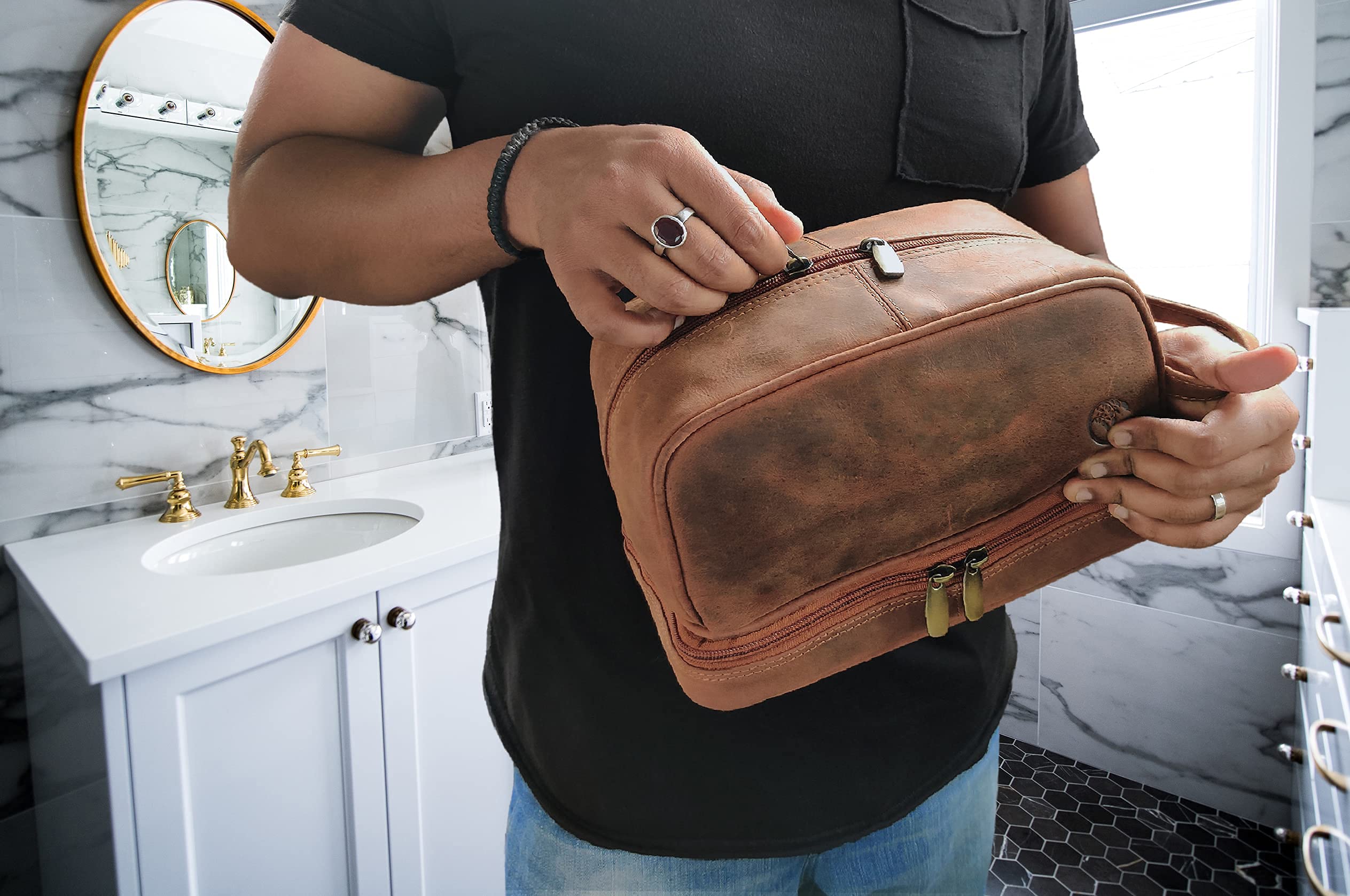 RUSTIC TOWN Genuine Leather Toiletry Bag Set - Premium Travel Organizer for Men & Women | Perfect Gift for Business Trips, Camping & Vacation Essentials