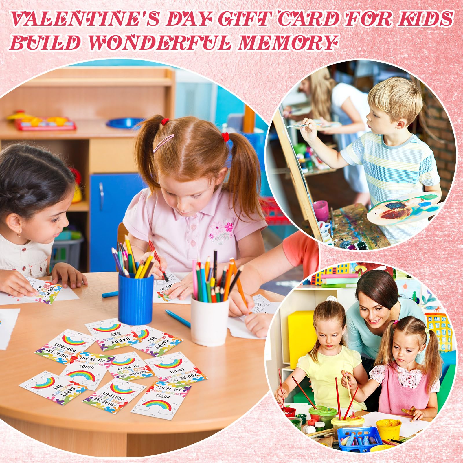 Sabary 24 Sets Kids Valentine's Day Art Gift - Watercolor Painting Kit with Wooden Easel, Canvas Panels & Brushes | Perfect for Classroom Gifts, Art Parties & DIY Valentine Crafts