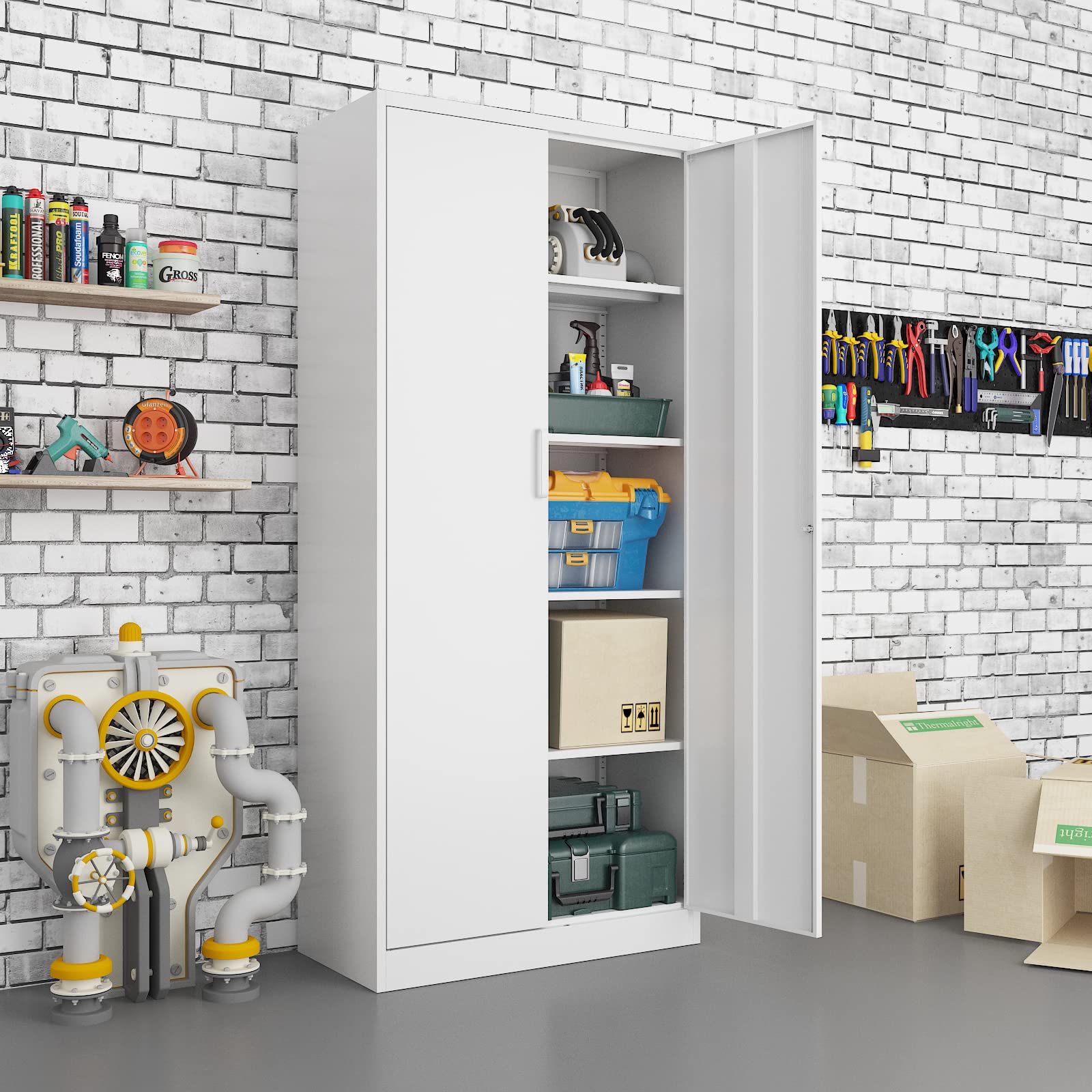 5-Shelf Adjustable Metal Storage Cabinet with Locking Door - Heavy Duty Steel Garage Cabinet for Home, School, Office & Workshop Organization (White) | Perfect for Tools, Supplies & Equipment Storage