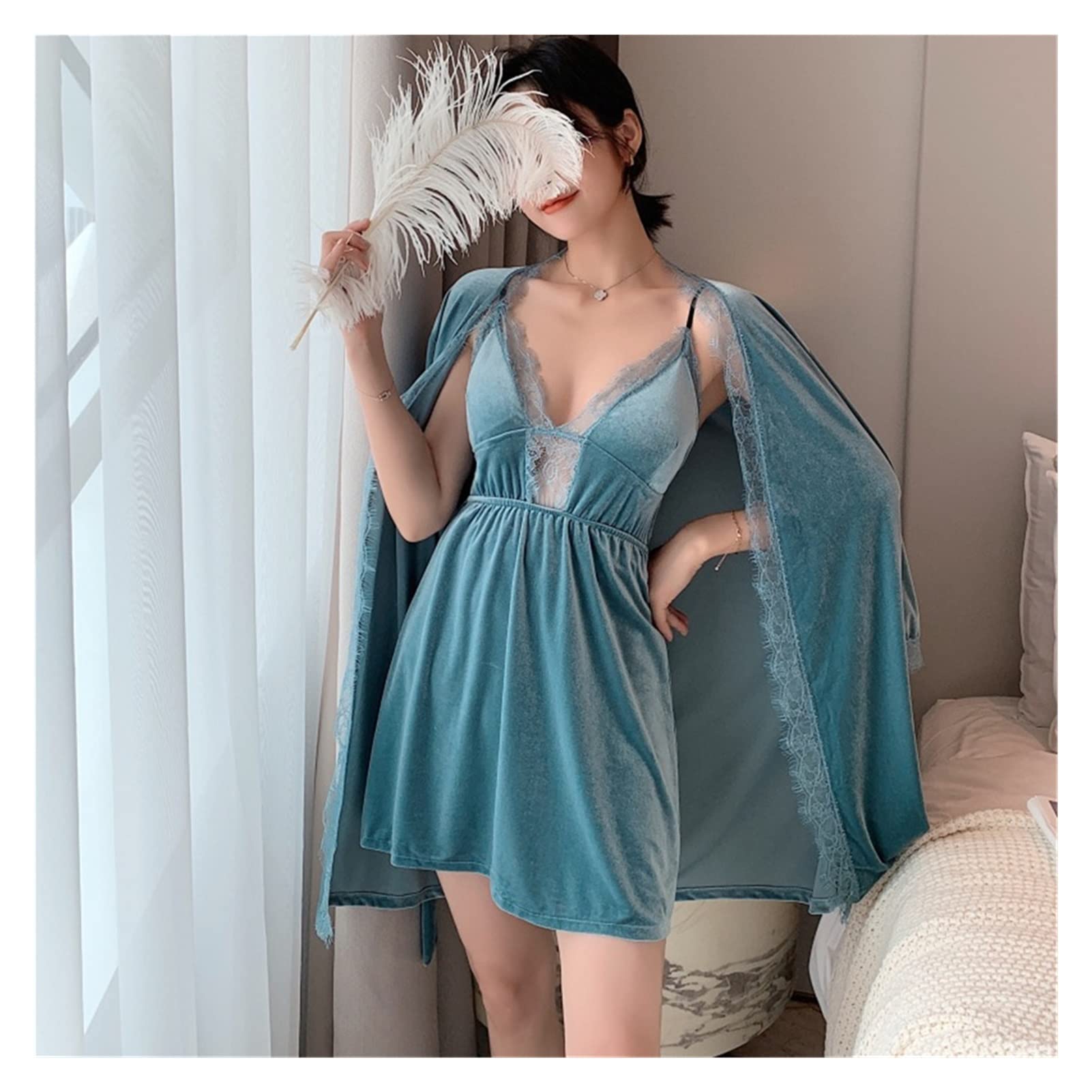 Women's Velour Robe Gown Suit - Soft Winter Sleepwear with Deep V-Neck & Lace Trim, Cozy Bathrobe for Home, Lounge & Spa (Color A, Size L) - Perfect for Relaxing Evenings, Bridal Parties & Luxury Gift Giving