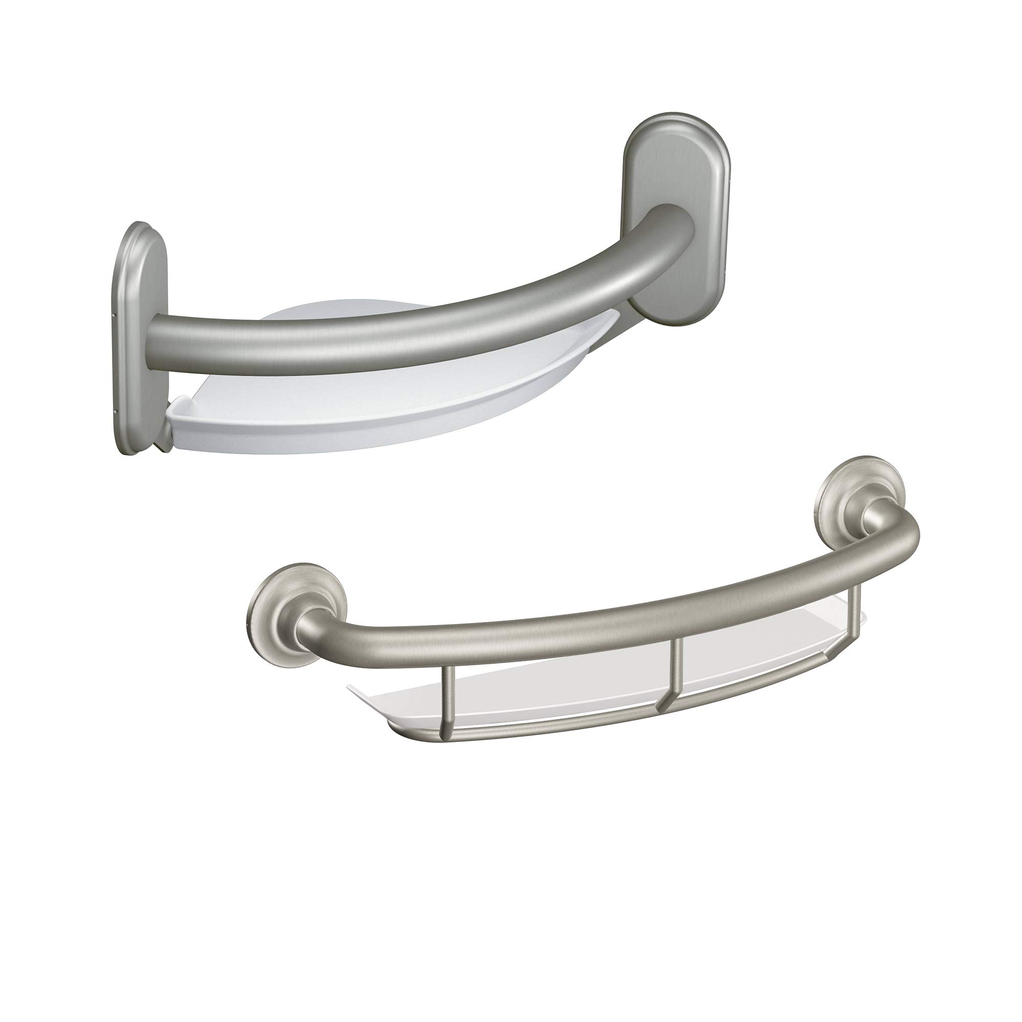 Moen LR2354DBN Brushed Nickel Bathroom Grab Bar with Corner Shelf & Moen R2356DBN 16-Inch Home Care Grab Bar with Shelf - ADA Compliant Safety Bars for Shower, Bathtub & Elderly Bathroom Accessibility