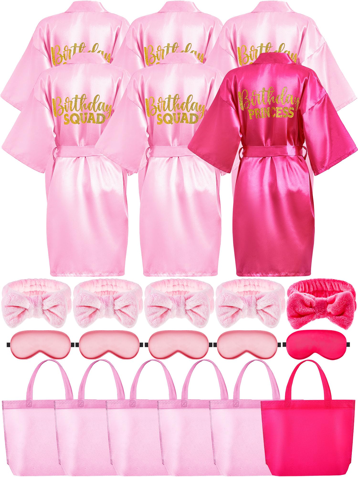 Sintuff Girls' Spa Party Robe Set - 6 Pack Fluffy Robes, Headbands, Eye Masks & Tote Bags for Birthday Party, Sleepover, Girls Night | Rose Pink, Size 12 | Perfect for Spa Day, Birthday Gifts & Sleepover Activities