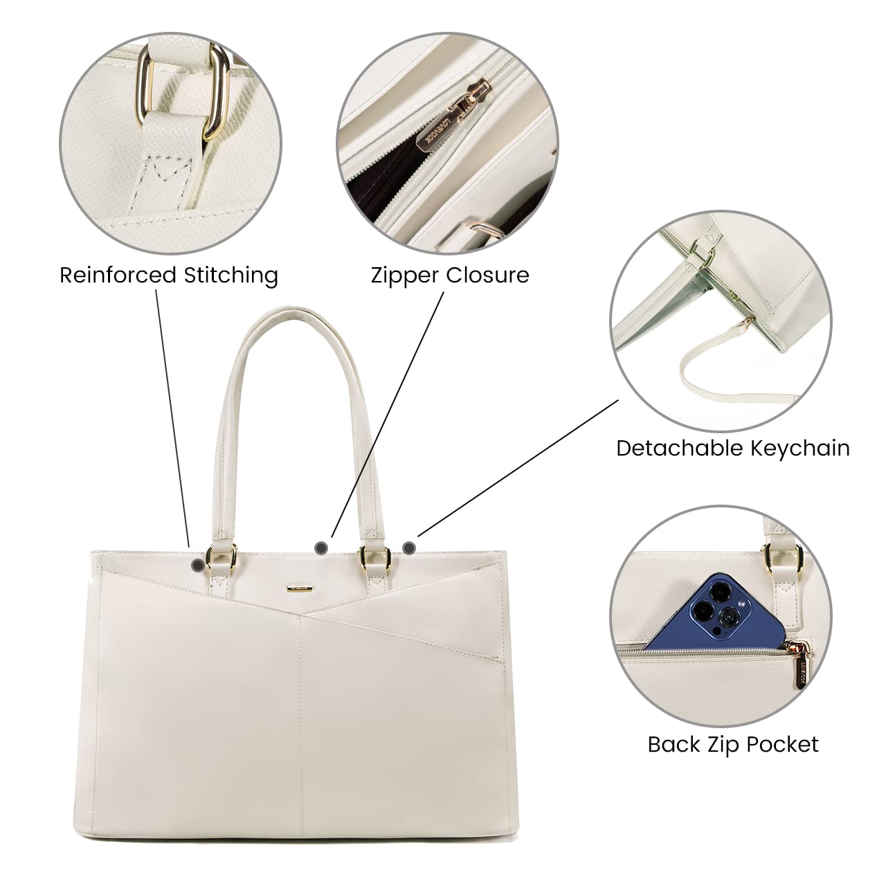 LOVEVOOK 15.6 Inch Waterproof Leather Laptop Bag for Women - Stylish Tote Briefcase for Business, Office & Work - Beige | Perfect for Commuting, Business Trips & Professional Meetings